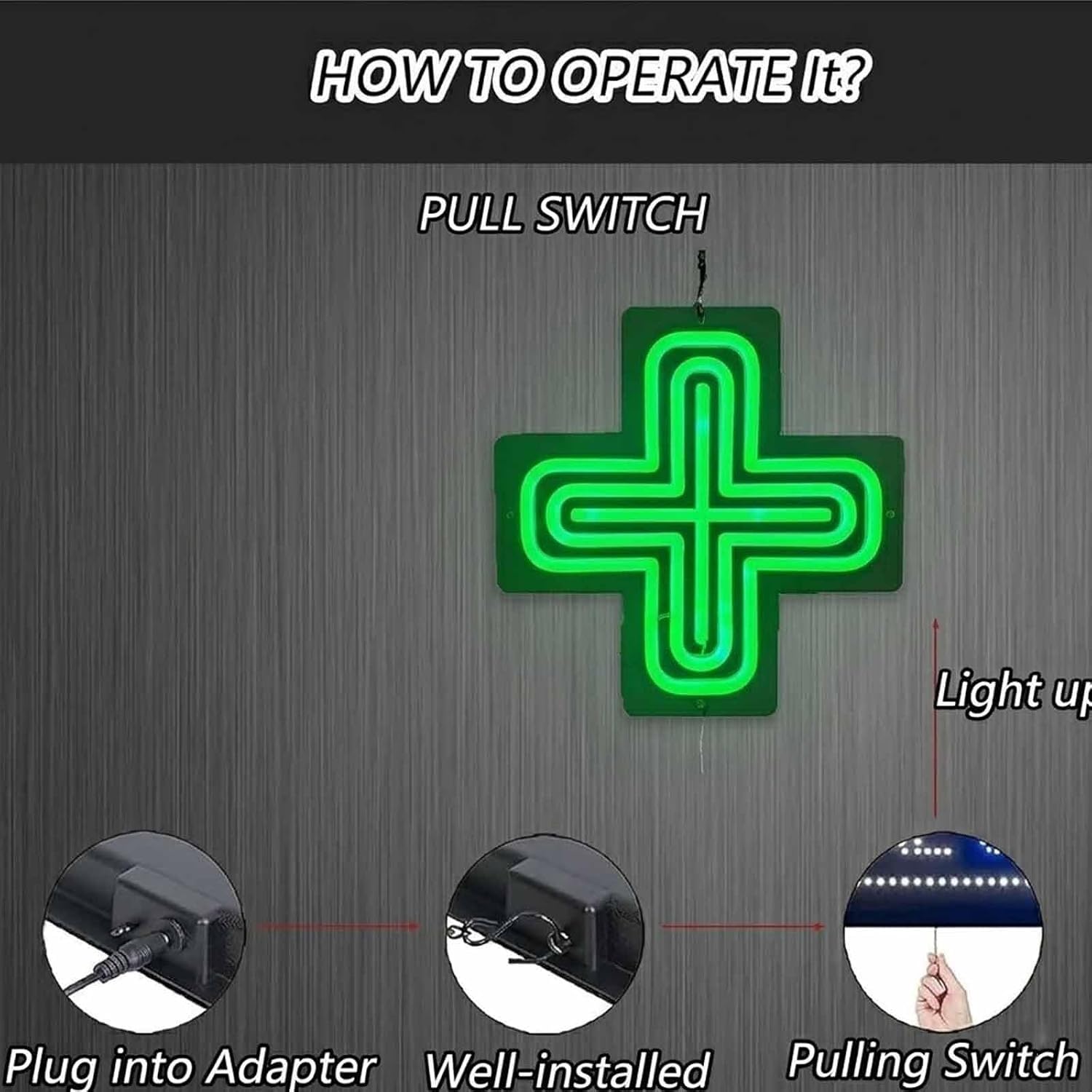 Projekt Zawieszenia Zielonego Znaku Krzyża Aptecznego LED | Zielony znak krzyża aptecznego o dużej jasności, 2 tryby zawieszenia, lampa wewnętrzna do sklepu szpitalnego
