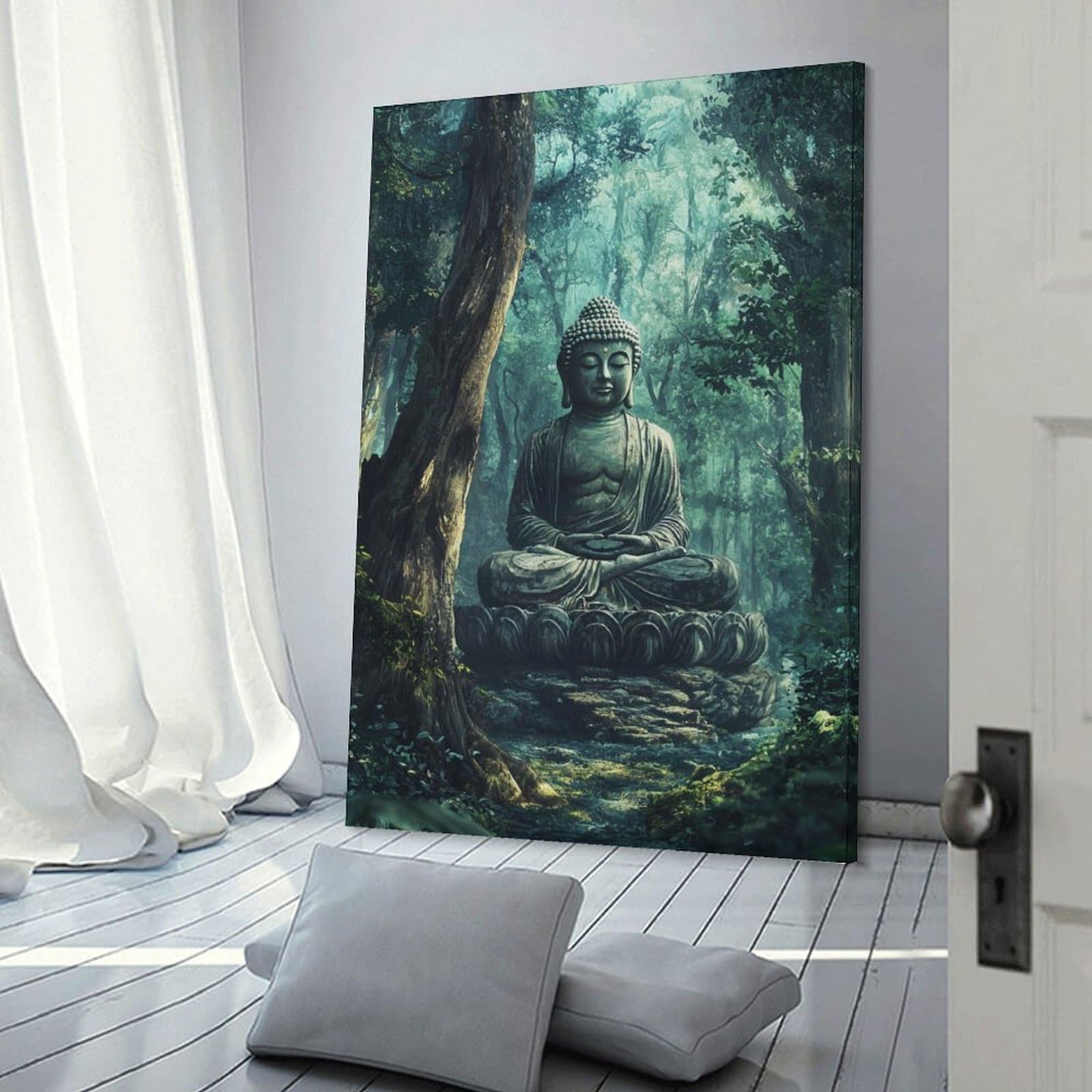 Junmoney Frame-Style-9 Buddha Statue Forest Meditation Canvas Wall Art 12X18inch(30X45cm), For Workspace Walls, Study Corners Or Bedrooms, Wall Art That Adds Style To Work Areas