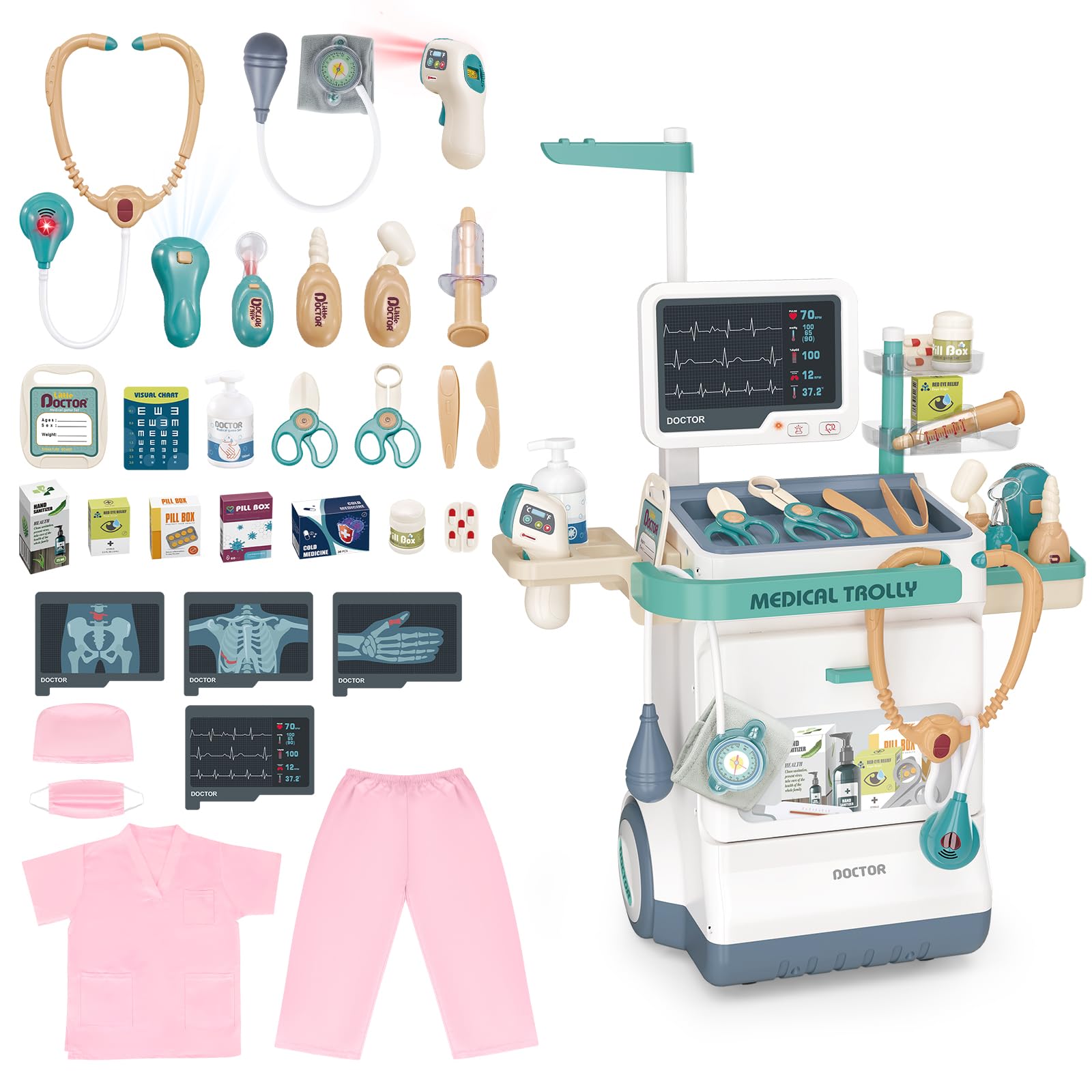 deAO Doctor Kit for Toddlers 3-5, Kids Doctor Playset Toys, Pretend Station Set with Cart, Costume,Stethoscope and Thermometer, Halloween Costume Gift