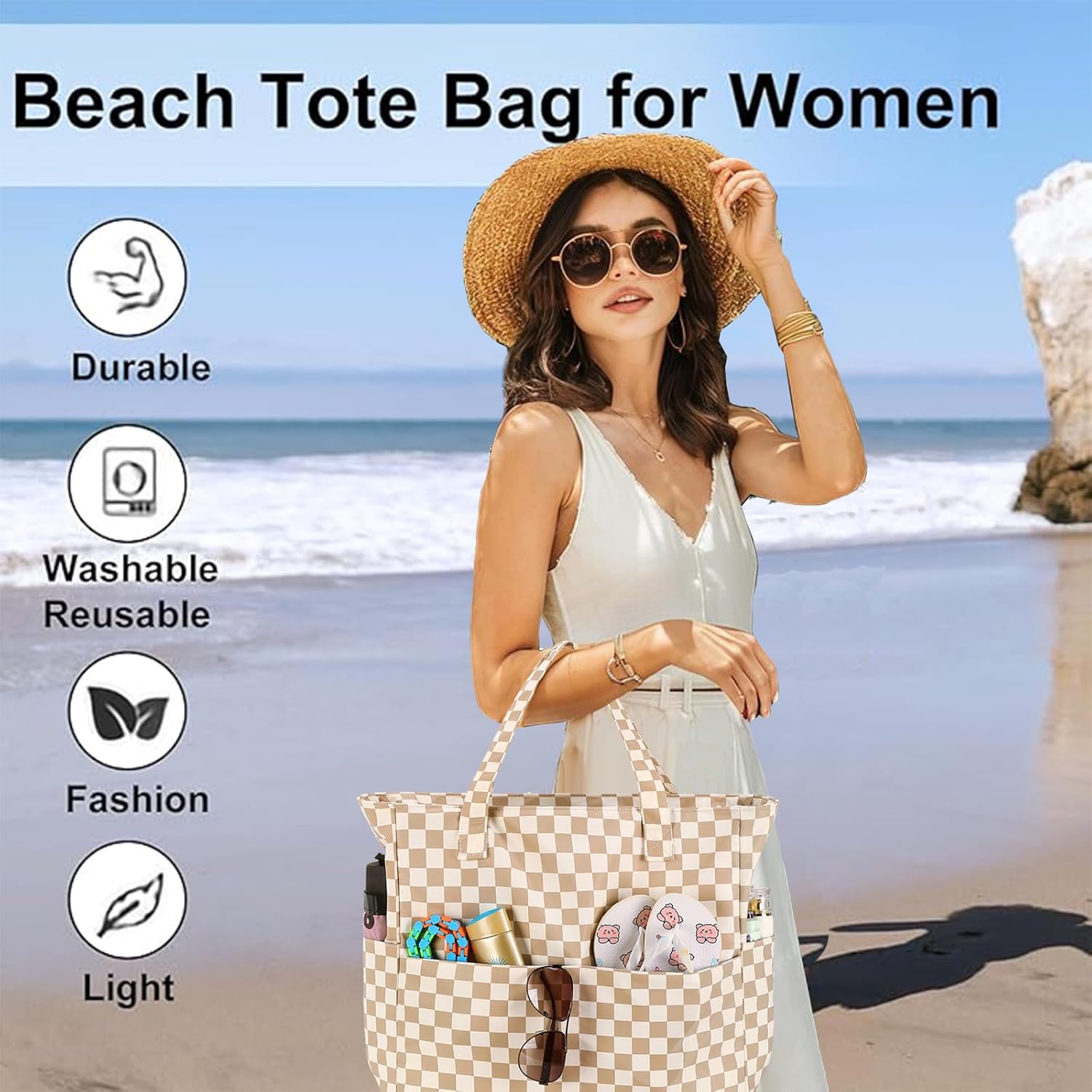 LEDAOU Large Beach Bag Women Waterproof Sandproof Zipper Beach Tote Pool Bag for Gym Grocery Travel with Wet Pocket | Waterproof, Sandproof, Zipper, Pool, Gym, Grocery - Image 5