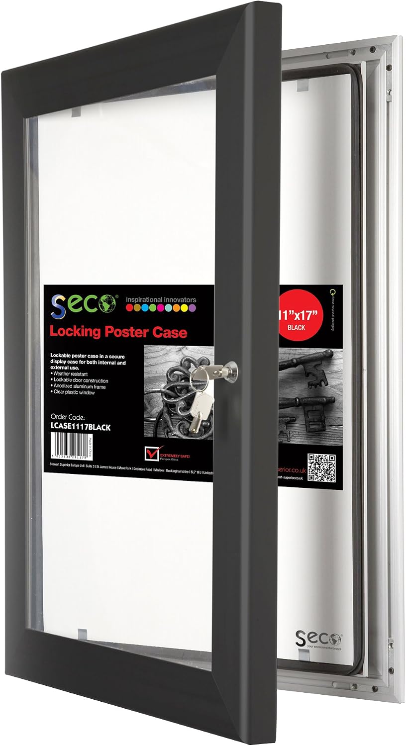 SECO Lockable Enclosed Bulletin Board - Shatterproof/Rustproof - Front Loading - 11" x 14" - Black