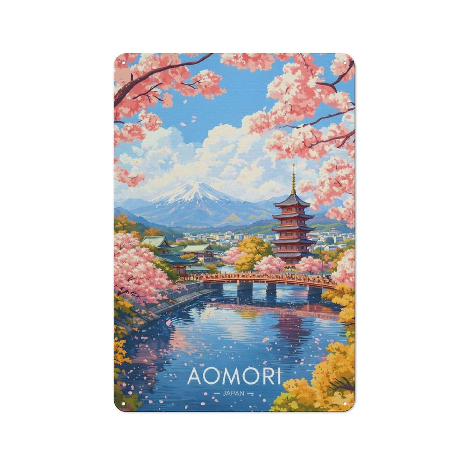Outdoor Room Shed Metal Sign 30x20cm Featuring Aomori Japan Cherry Blossoms And Pagoda, Utility Space Decor for Patio Bar, Workshop, Shed Or Kitchen