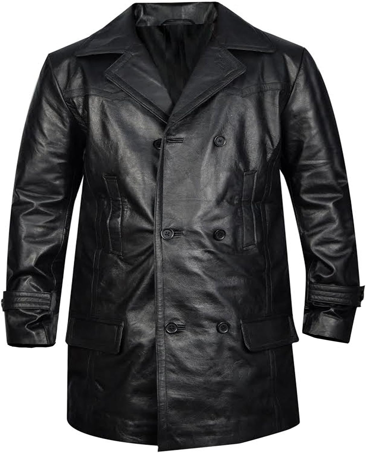 German Classic Officer WWII Military Uniform Black Real Leather Trench Coat,XXS-3XL