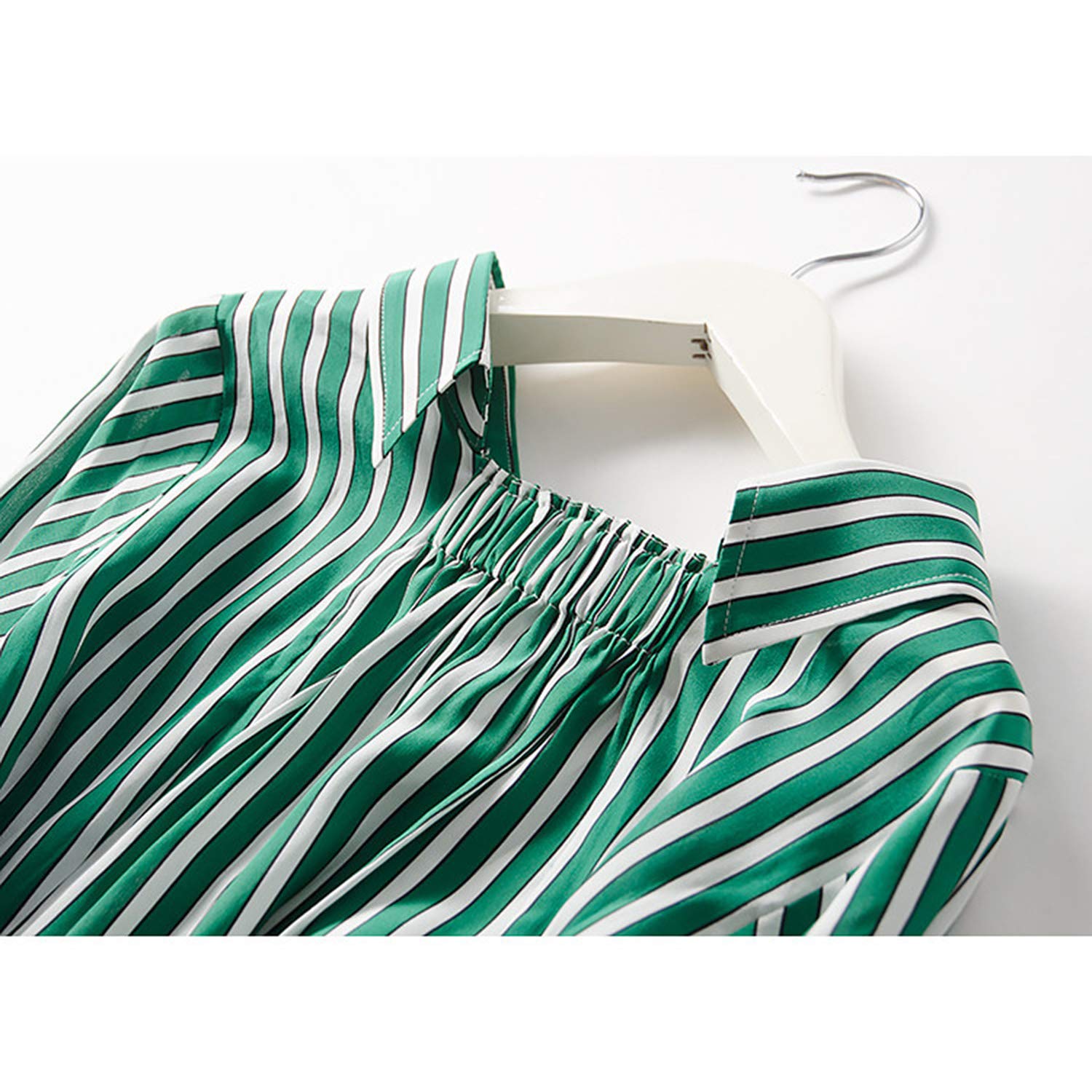 Camicia A Righe Verdi con Scollo A V, Tuta da Donna A Maniche Lunghe in Seta, Blusa A Molle