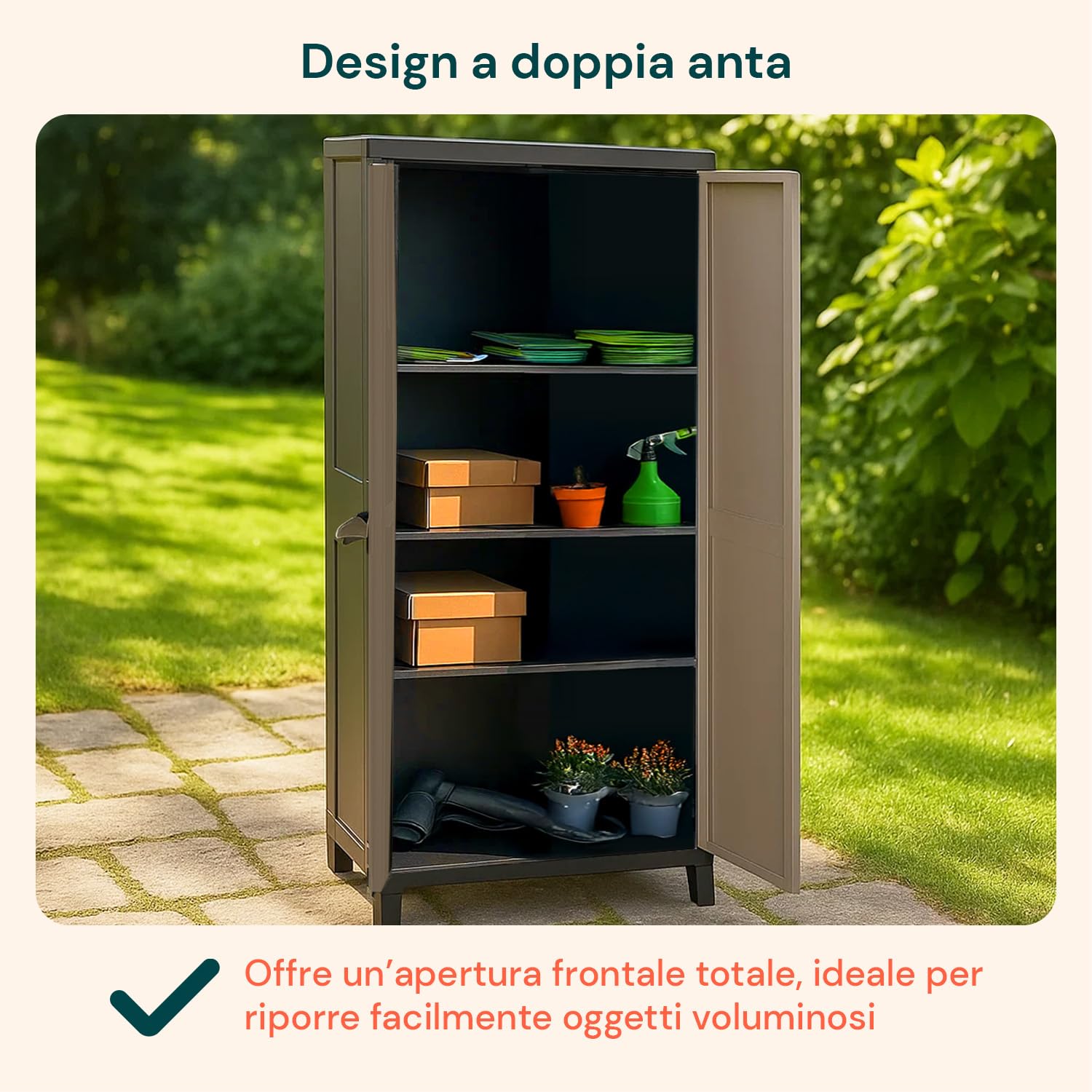 Armadio Plastica Tuttopiani Prime 2 Ante con Ripiani Regolabili Effetto Legno UV Resistant per Balcone Coperto, Facile da Montare e Resistente all’Umidità - 66x40x172cm