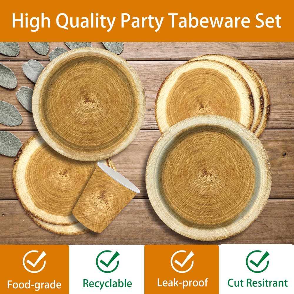 140Pcs Wood Grain Slice Tableware Set Rustic Wood Party Supplies Plates and Napkins Camping Birthday Party Decorations Paper Plates, Serve for 20 Guest