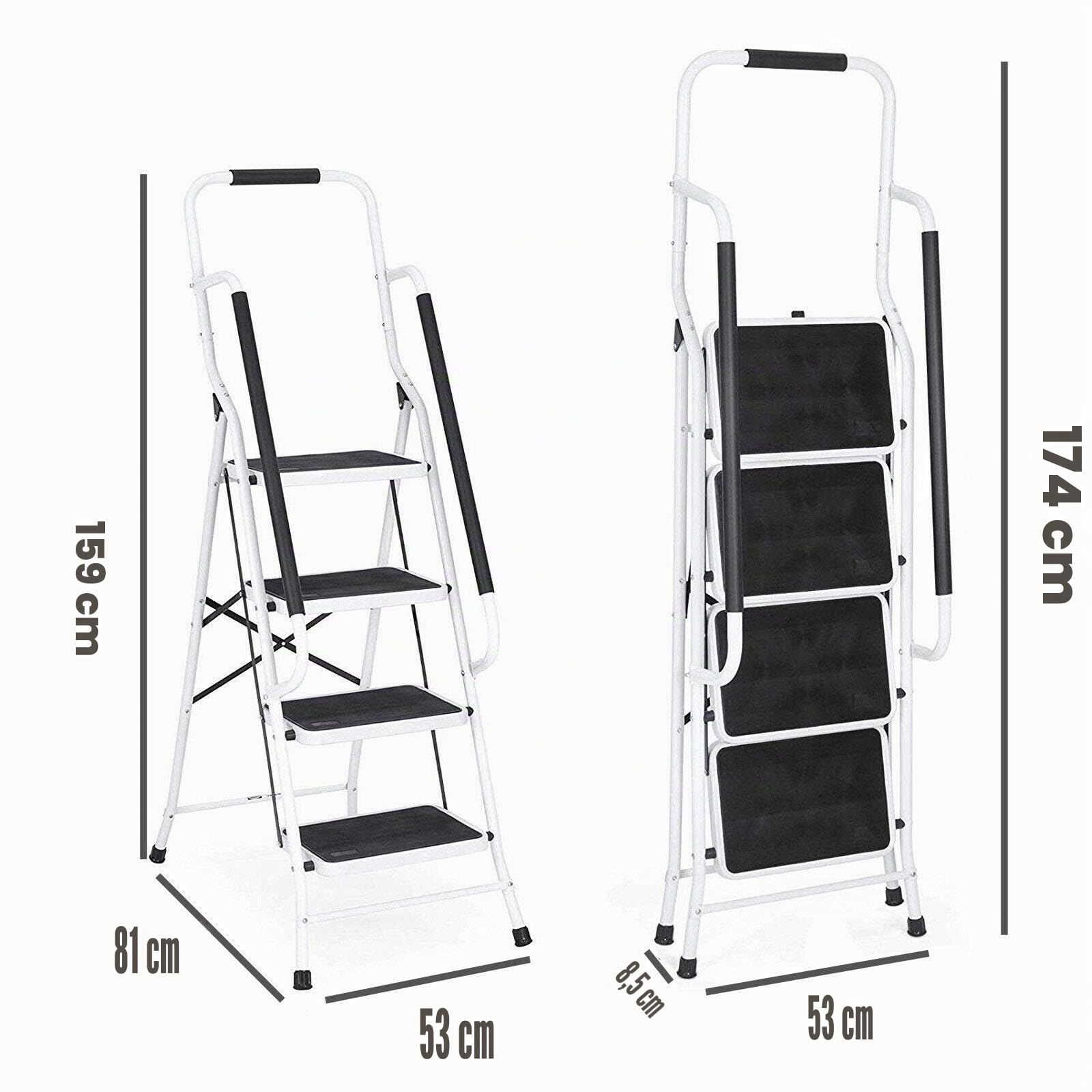 Huini Marchepied pliable 4 marches en acier avec main courante Pour la maison, la cuisine, le bureau