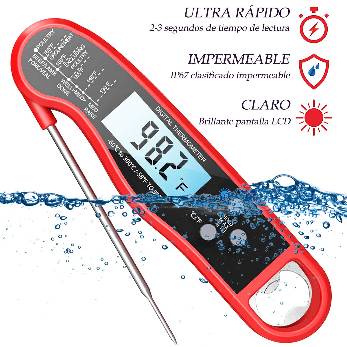 RabbitStorm Meat Thermometer,Food Digital Cooking Thermometer Temperature Probe,Fast & Precise Instant Read Food Thermometer with Backlight,Waterproof Kitchen Tool with Corkscrew(RED)