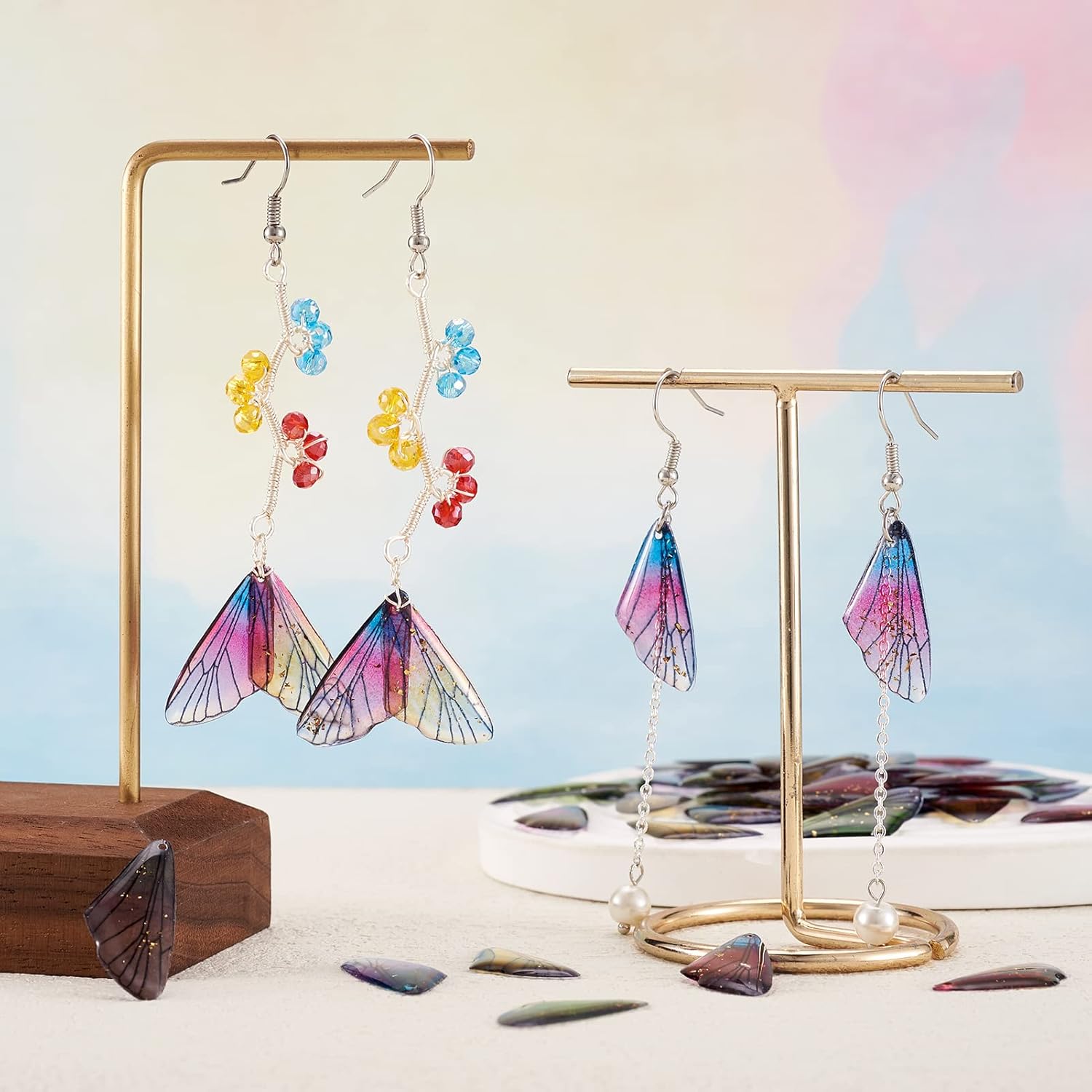 FASHEWELRY 100Pcs Resin Wing Charms Transparent Insects Wing Pendants Colorful Dragonfly Butterfly Wings Hanging Charms with Gold Foil for Jewelry Making - Image 3