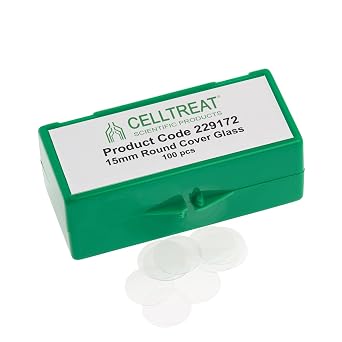 CELLTREAT 229172 15 mm Round Cover Glass, Fits 24 Well Plate, Sterile, 1.5 cm L, 0.02 cm H, 1.5 cm W, Glass Pack of 100