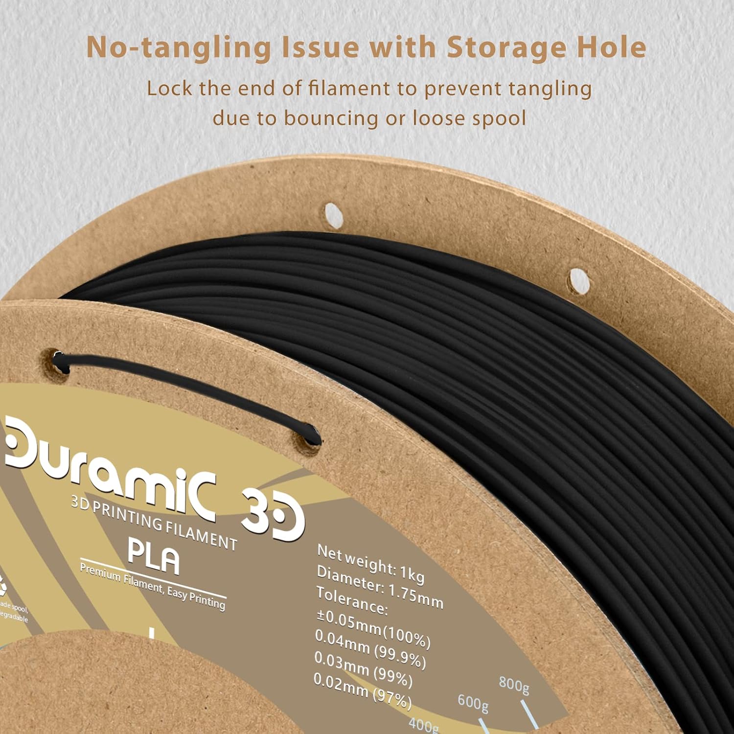 DURAMIC 3D PLA Filament 1.75mm Black 1kg Spool, Jam-Free High Stifness 3D Printing Filament with Cardboard Spool, No-Tangling No-Clogging Dimensional Accuracy 99% +/- 0.03 mm