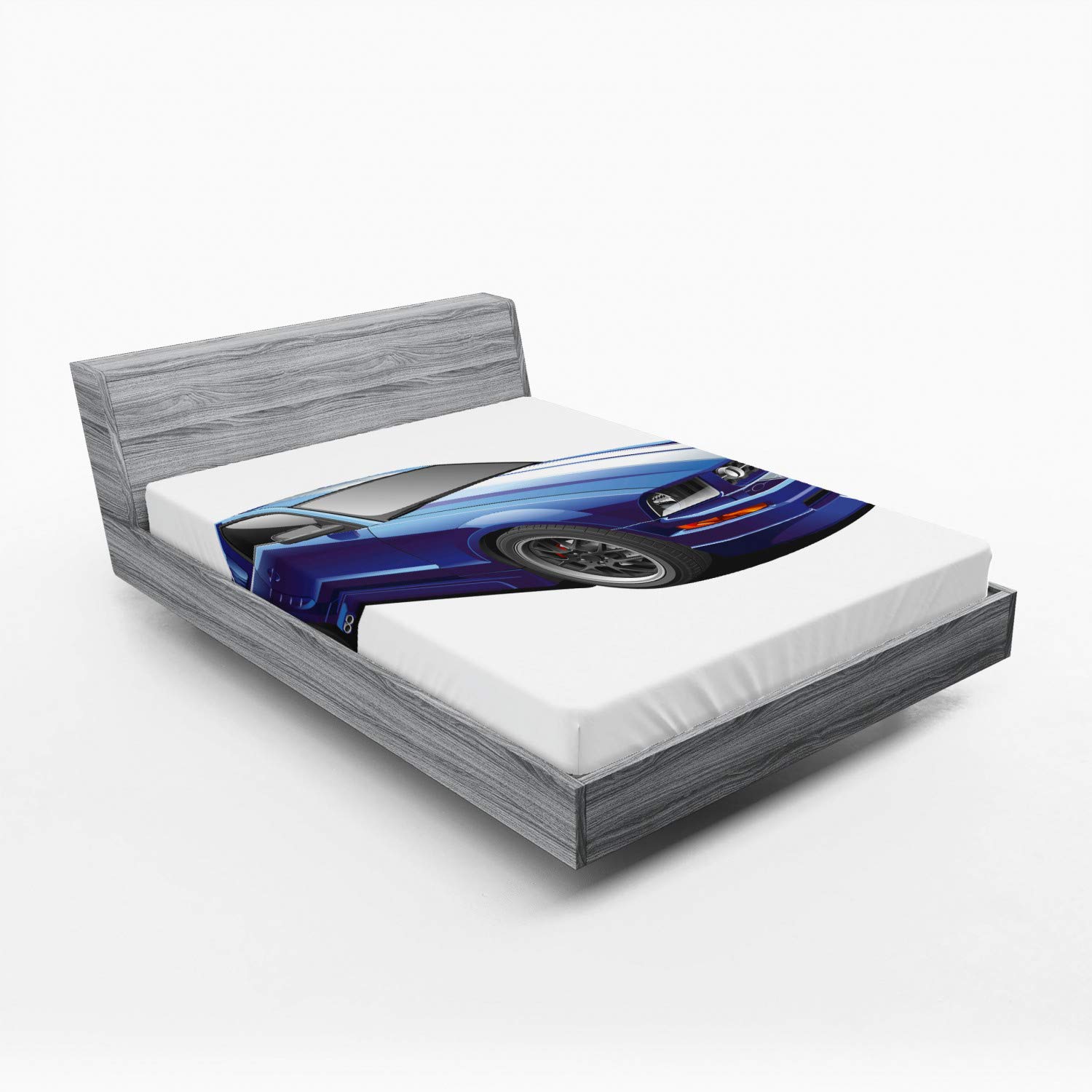 Ambesonne Teen Room Fitted Sheet, American Auto Racing Theme Car Sports Competition Speed Winner Boys Graphic, Bed Cover with All-Round Elastic Deep Pocket for Comfort, Queen Size, Blue Grey