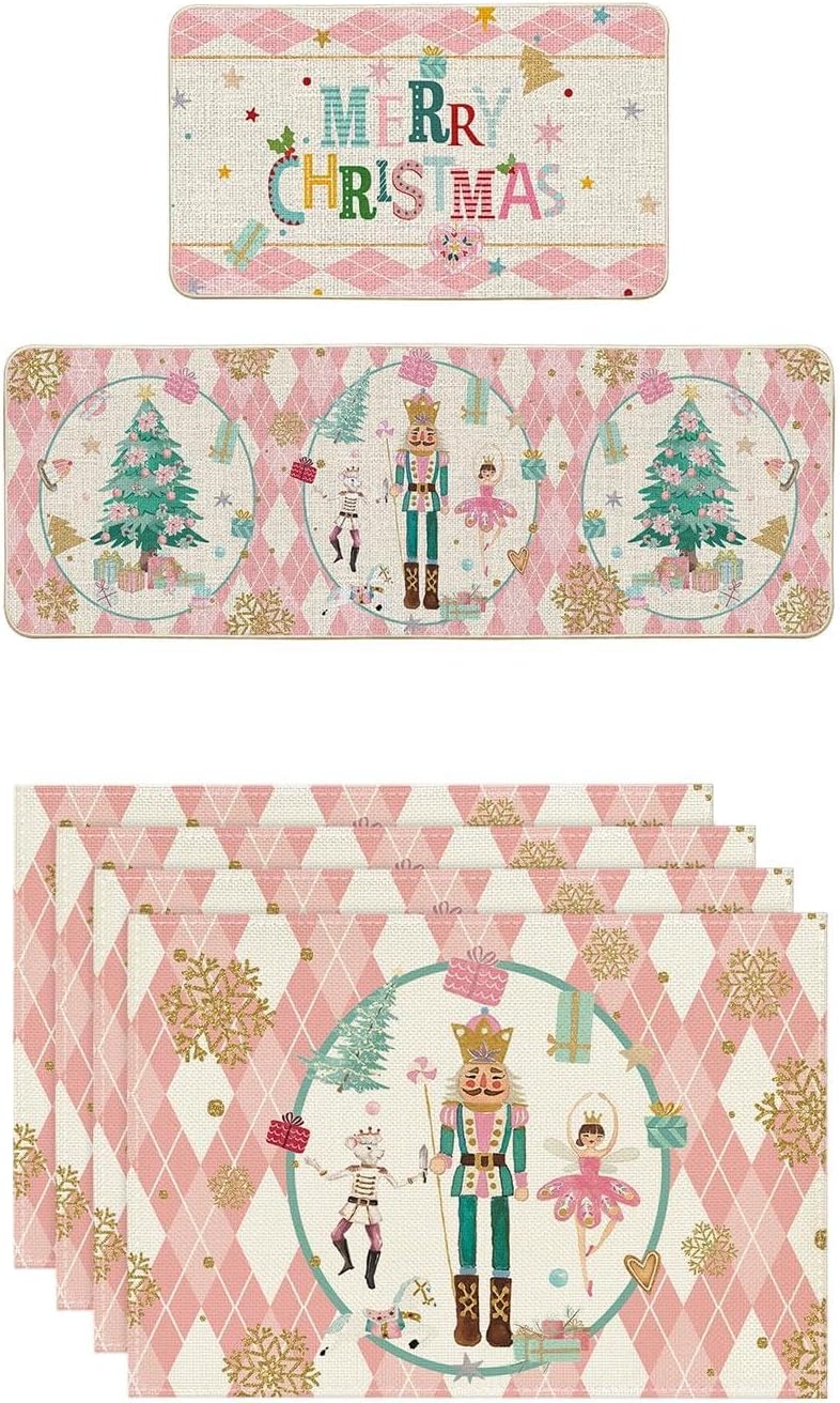Artoid Mode Nutcrackers Pink Kitchen Mats 2 pcs and Placemats Set of 4 for Christmas Winter Decoration