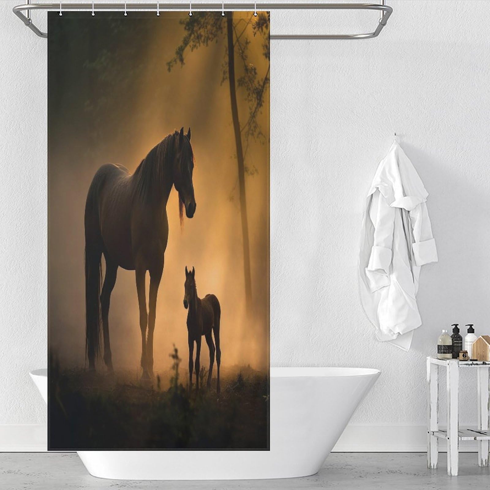 Rideau de douche cheval lavable et tissu polyester impermeable salle de bain