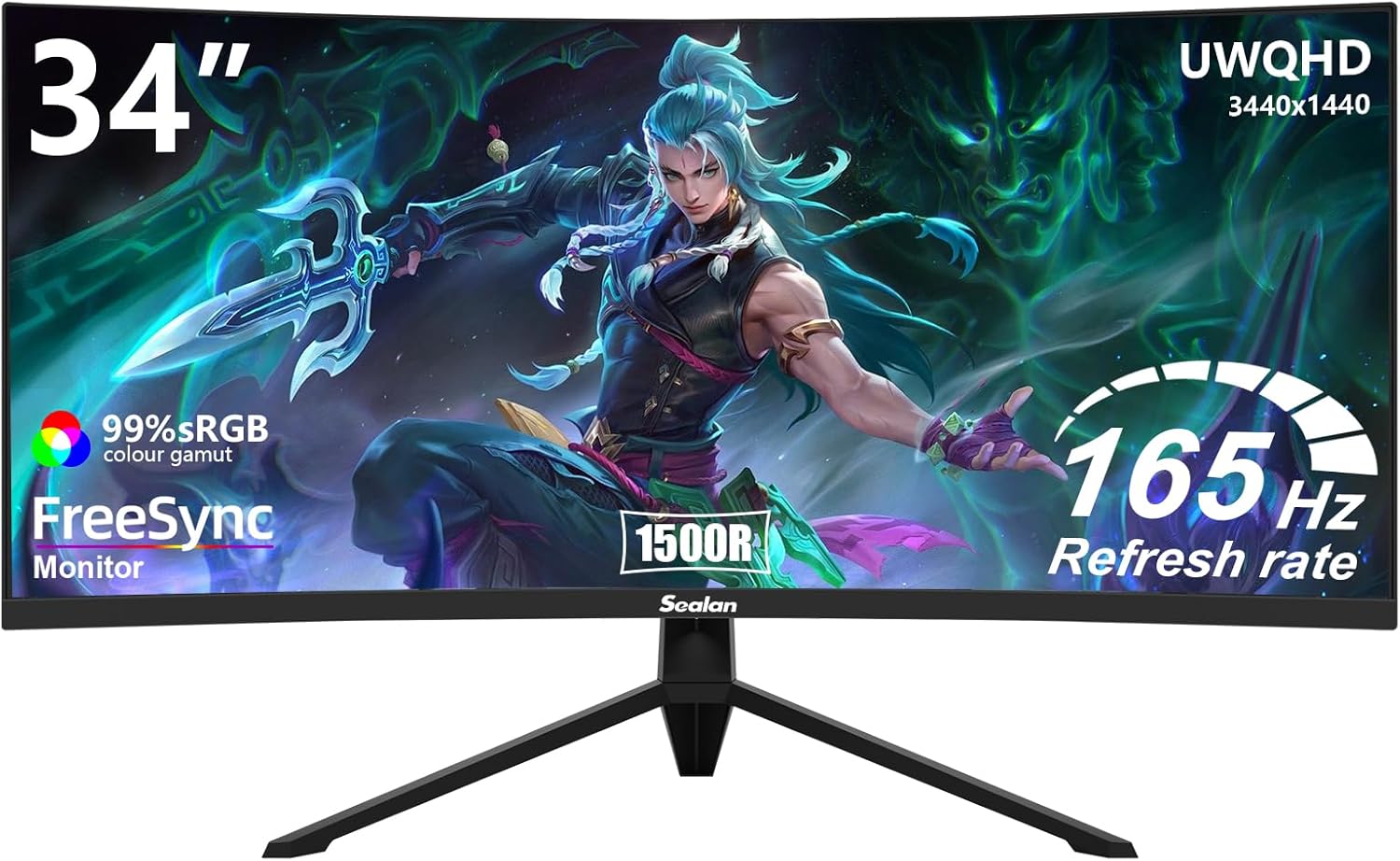 34 Inch Curved Gaming Monitor 165Hz,3440x1440 21:9 UWQHD, 1ms(MPRT),1500R, PIP/PBP,HDR400, 99% sRGB,300nits, FreeSync, HDMI2.0(TMDS) x2,DP1.4 x2, Eye Care, VESA(100 * 100mm)