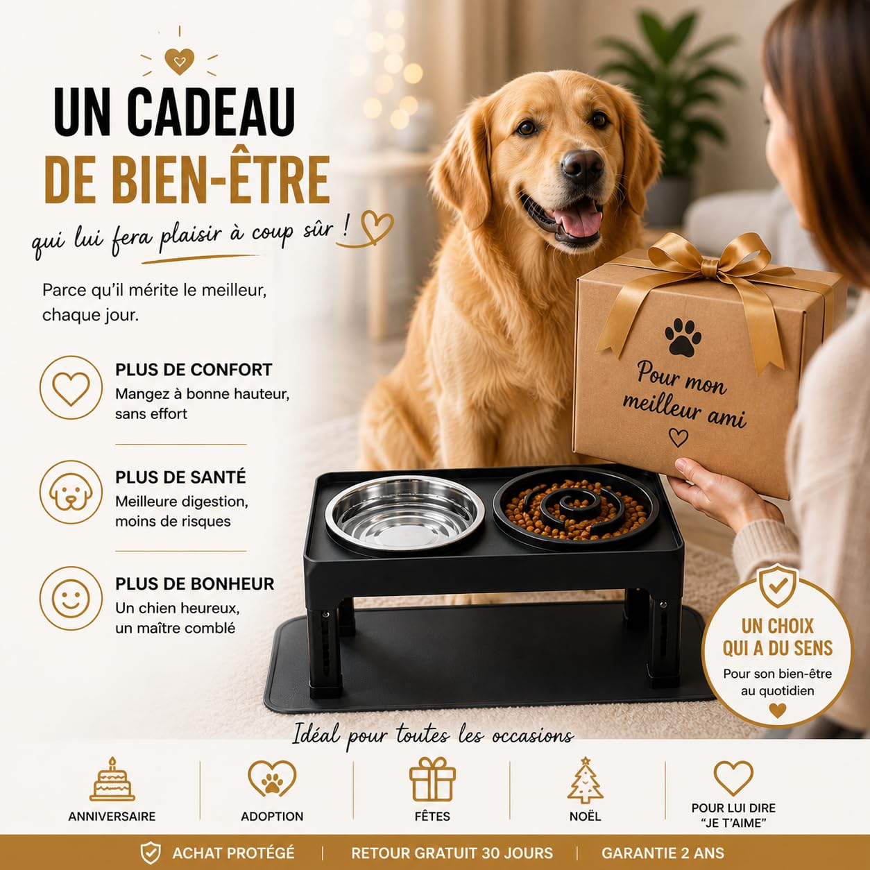 Gamelle Surélevée pour Chien Réglable – 5 Hauteurs Ergonomiques – Améliore Posture & Digestion – 2 Bols INOX 1200ml + Anti-Glouton 800ml – Tapis Antidérapant – Chiens Petits, Moyens, Grands