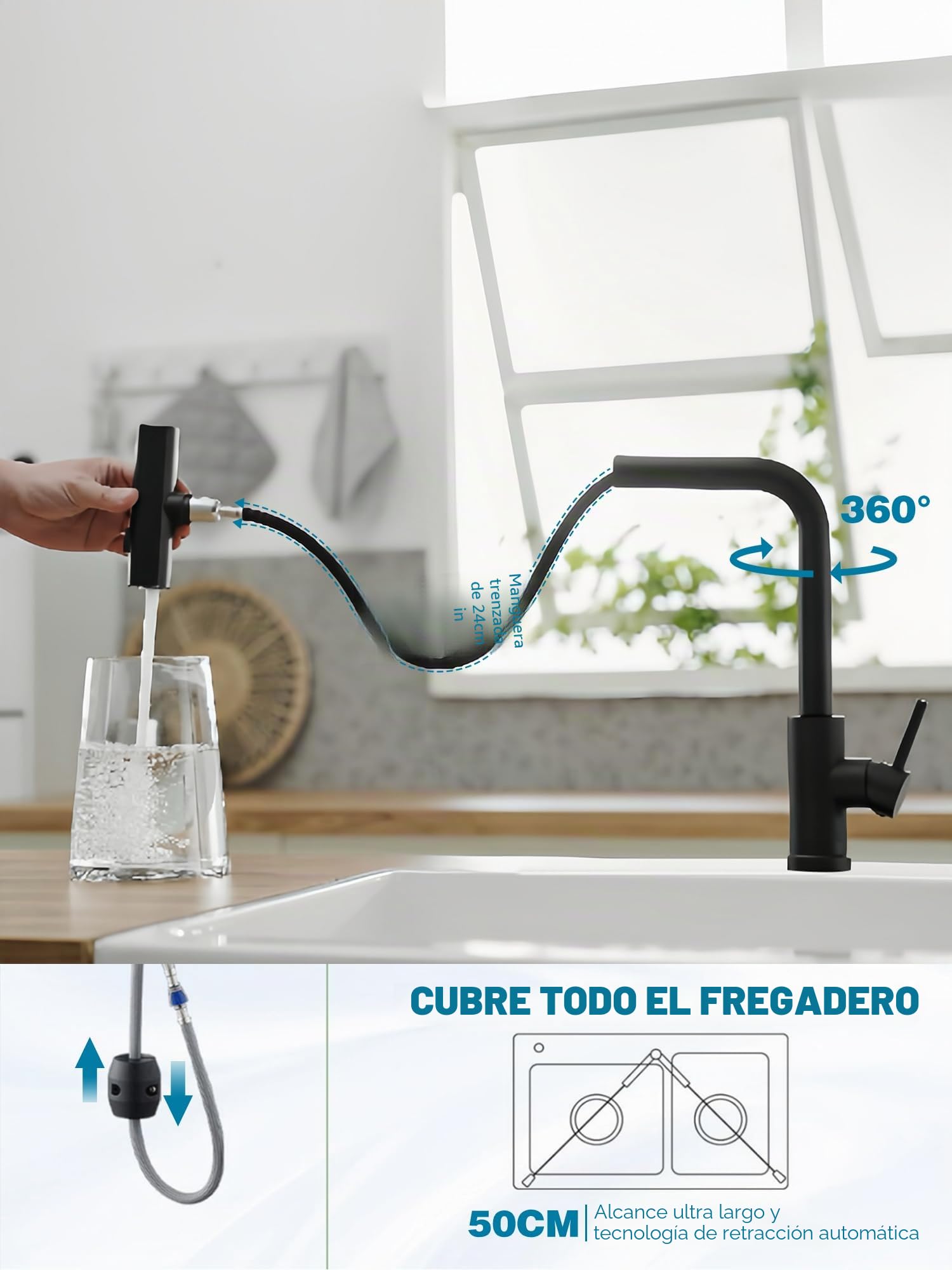JOOM Grifo Cocina Extraíble Negro 3 Modos 360° SUS304, Monomando Fregadero | Grifo cocina extraíble negro 3 modos 360° SUS304, monomando fregadero ducha flexible,torneira cozinha fría caliente