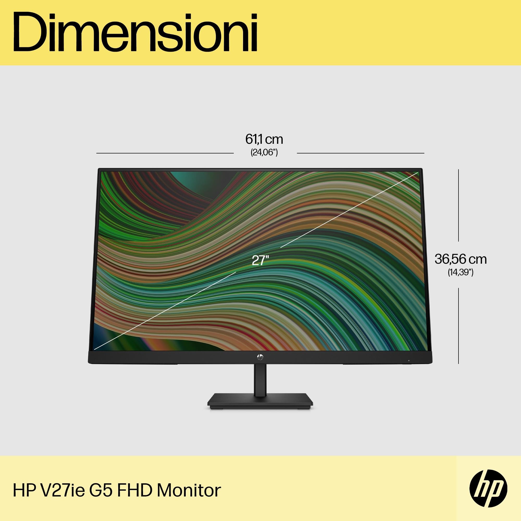 HP V27ie Monitor da 27", FHD, 16:9, Antiriflesso, Pannello IPS da 75Hz, Tempo di Risposta 5 ms, Reclinabile, VESA 10x10 cm, AMD FreeSync, 250 Nits, Low Blue Light, VGA, HDMI, DisplayPort, Nero