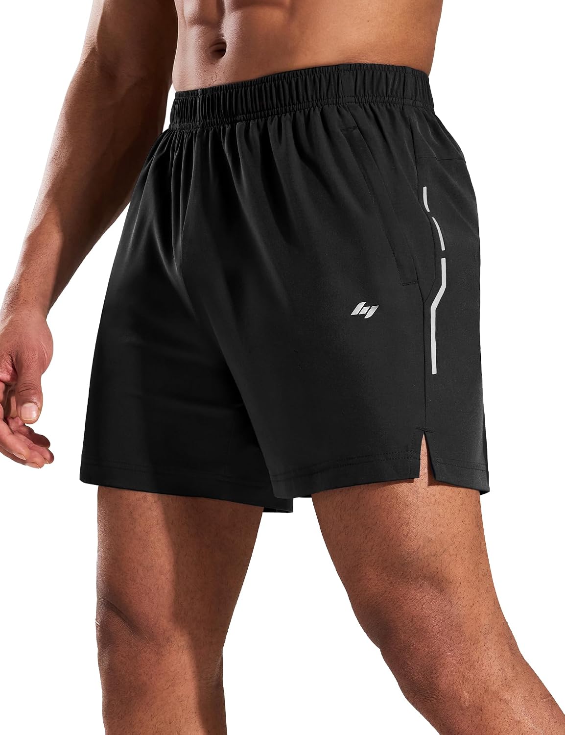 MIER Mens 5 Inch Athletic Running Shorts Quick Dry Lightweight Workout Gym Training Active Reflective Shorts,3 Zipper Pockets