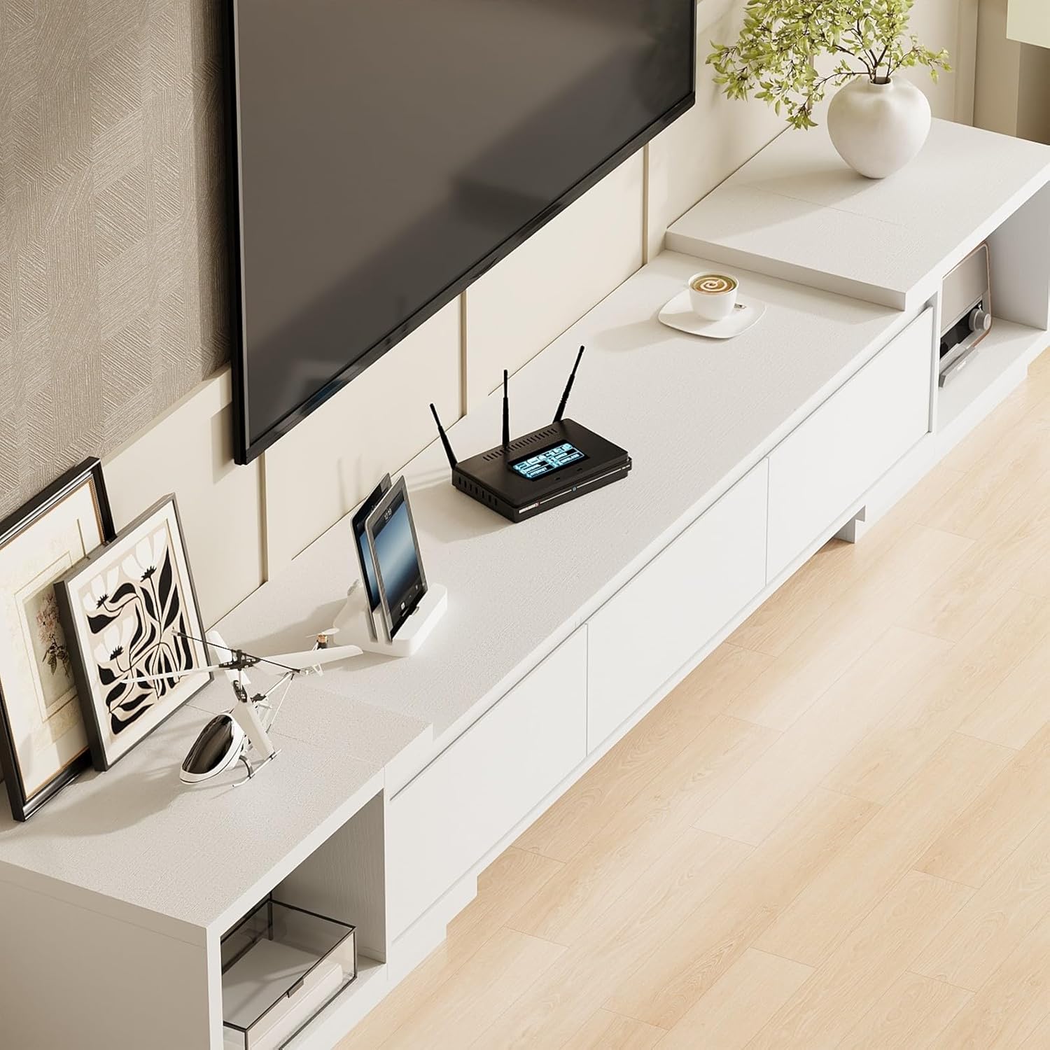 Extendable TV Stand with 3 Drawers, Modern TV Console with Hidden Handles, Contemporary Media Console Table with Open Shelves, White 65.4”-106.3”W x 15.7”D x 15.4”H