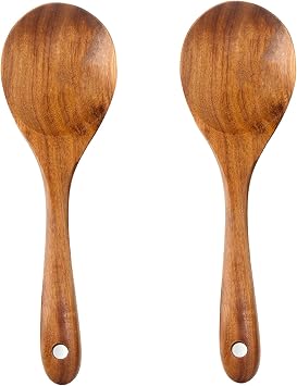 Teak Wood Spoons for Cooking, 10.2-Inch Teak Wooden Salad Serving Spoon Set of 2, Natural Wood Salad Spoons with Long Handles, Wooden Salad Servers Nontoxic & BPA-Free