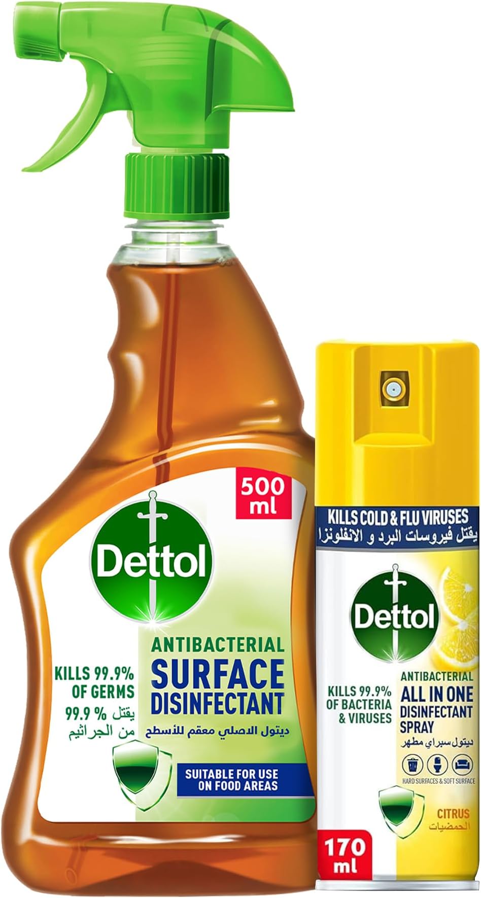 Dettol Original Anti Bacterial Surface Disinfectant Liquid Trigger 500ml + Dettol Citrus Antibacterial All In One Disinfectant Spray Mini Kills 99.9% Of Bacteria & Viruses 170ml.
