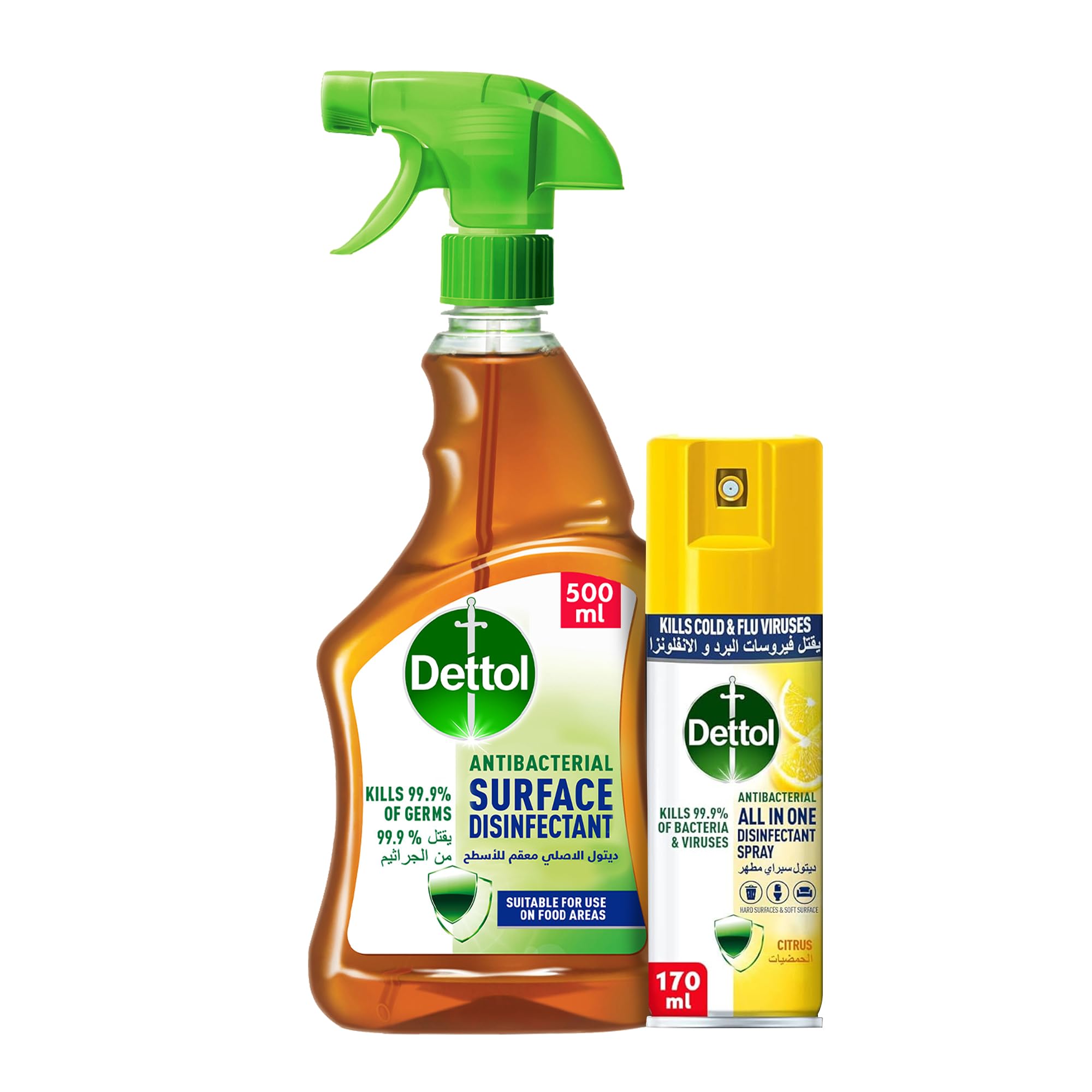 Dettol Original Anti Bacterial Surface Disinfectant Liquid Trigger 500ml + Dettol Citrus Antibacterial All In One Disinfectant Spray Mini Kills 99.9% Of Bacteria & Viruses 170ml.