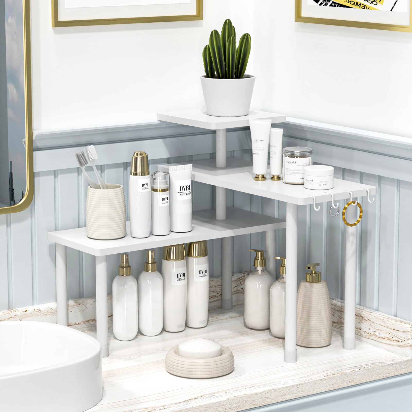 JayRex Badezimmer-Organizer, Arbeitsplatte, Badezimmer-Regal, 3 Etagen, Eckregal, verstellbarer Bambus-Organizer für Badezimmer, Theke, Make-up, Kommode, Schreibtischregal (weiß)