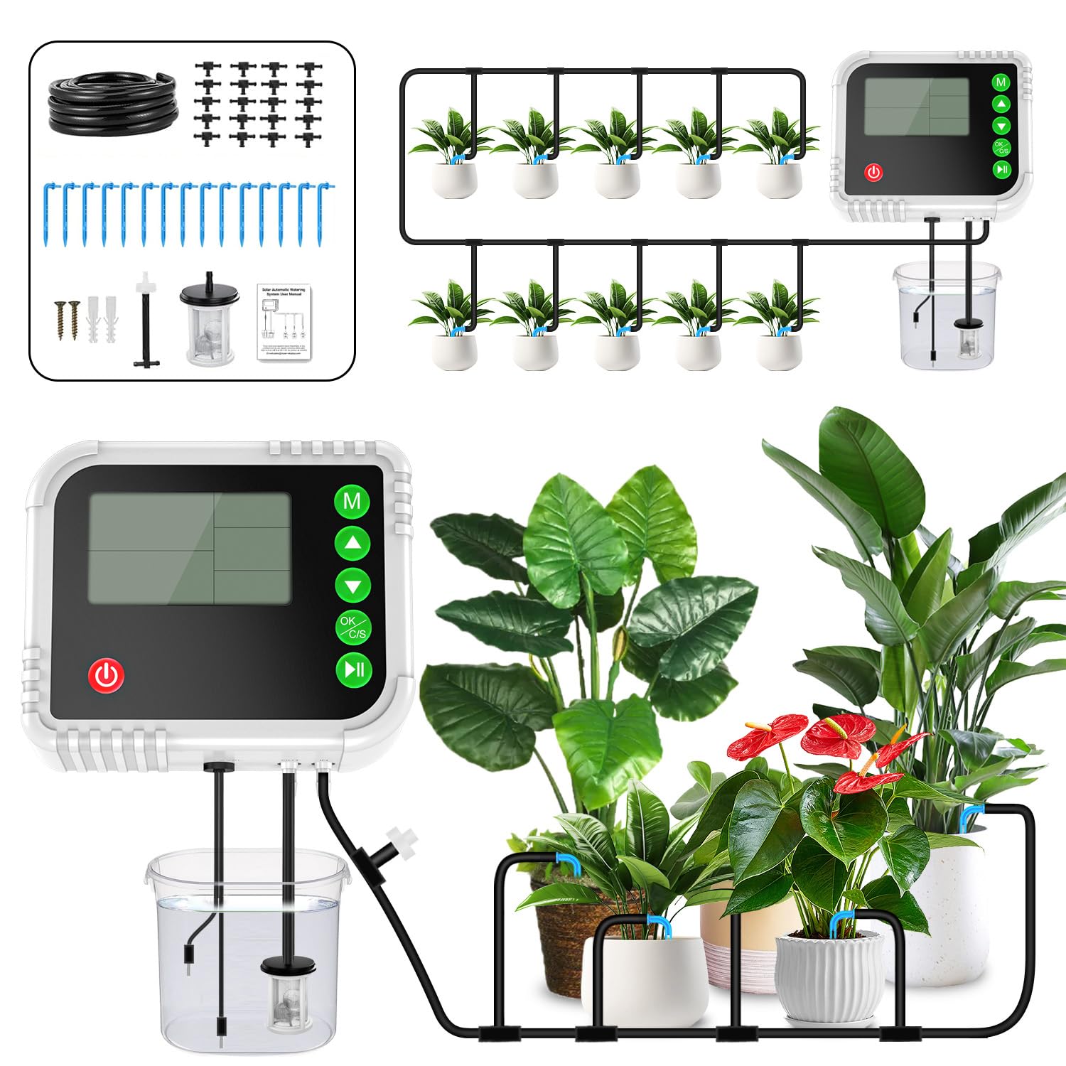 Lewisia Sistema di irrigazione a goccia automatico, kit di irrigazione automatica per interni con display LCD con timer per 15 piante in vaso, protezione da mancanza d'acqua, ricaricabile tramite USB