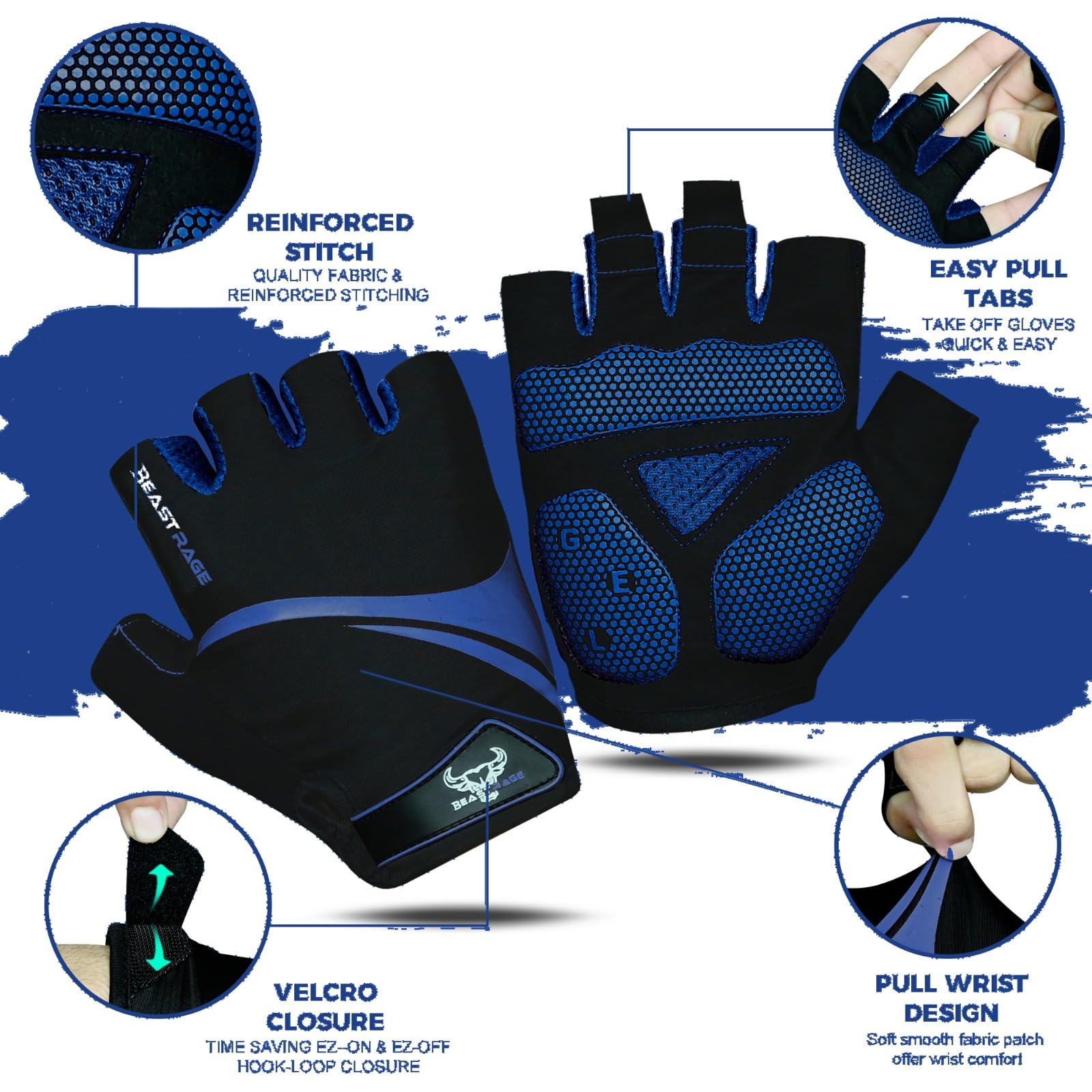 BEAST RAGE Guantes de ciclismo de medio dedo para hombres y mujeres, guantes de bicicleta transpirables sin dedos con palma antideslizante, absorción de golpes, acolchado de gel para ciclismo de