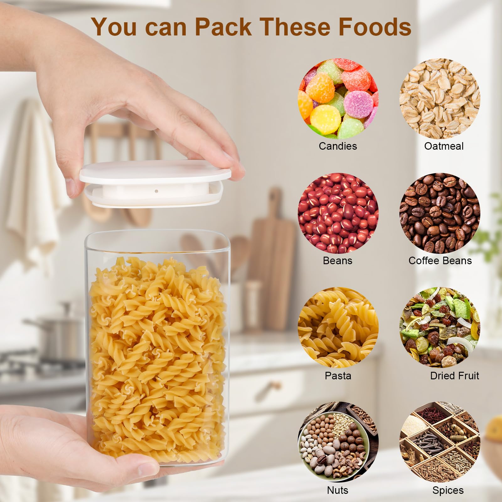 Cozary 1100ml Barattoli Vetro con Coperchio ABS, Set di 4 Quadrati Contenitori Vetro per Alimenti, Impilabili e Lavabili, Barattoli Ermetici in Cucina/Dispensa per Noci, Cereali