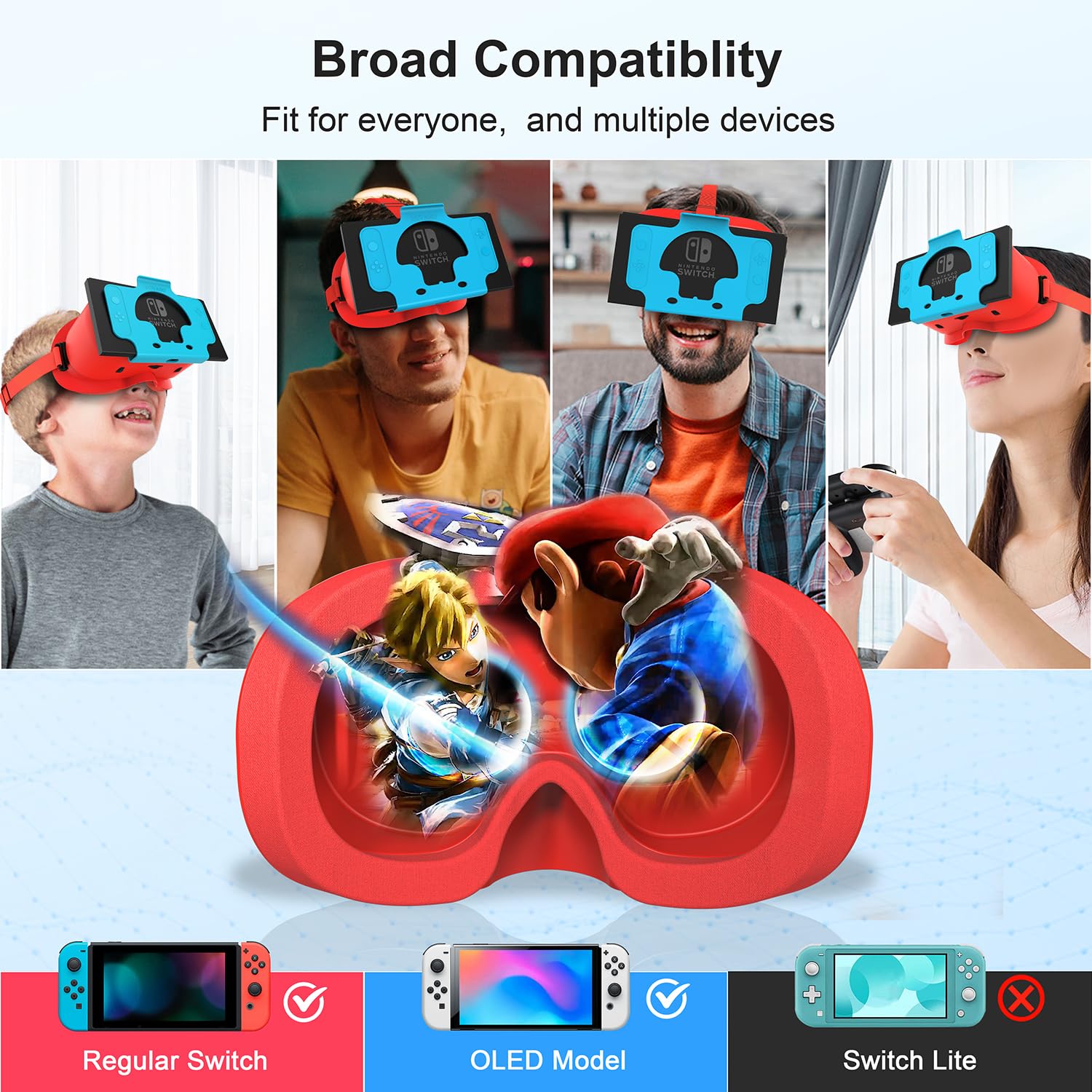Auriculares de Realidad Virtual para Nintendo Switch OLED y Switch, Lentes HD Ajustables y Diadema, cómodas Gafas 3D para Zelda, Mario Odyssey, Smash Bros VR Gaming (Rojo)