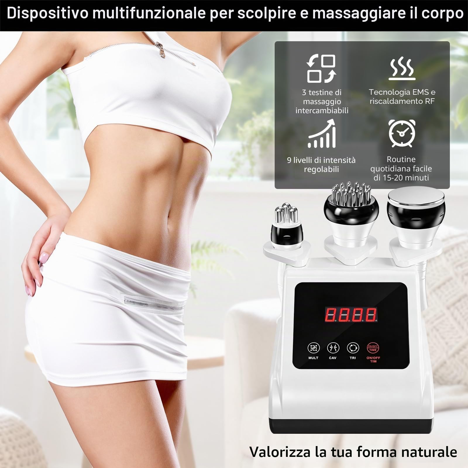 Dispositivo a radiofrequenza 3 in 1 per viso e corpo, cavitazione 40 kHz, RF, EMS, luce rossa e funzione di calore, 9 livelli di intensità, per rassodare la pelle e modellare il corpo