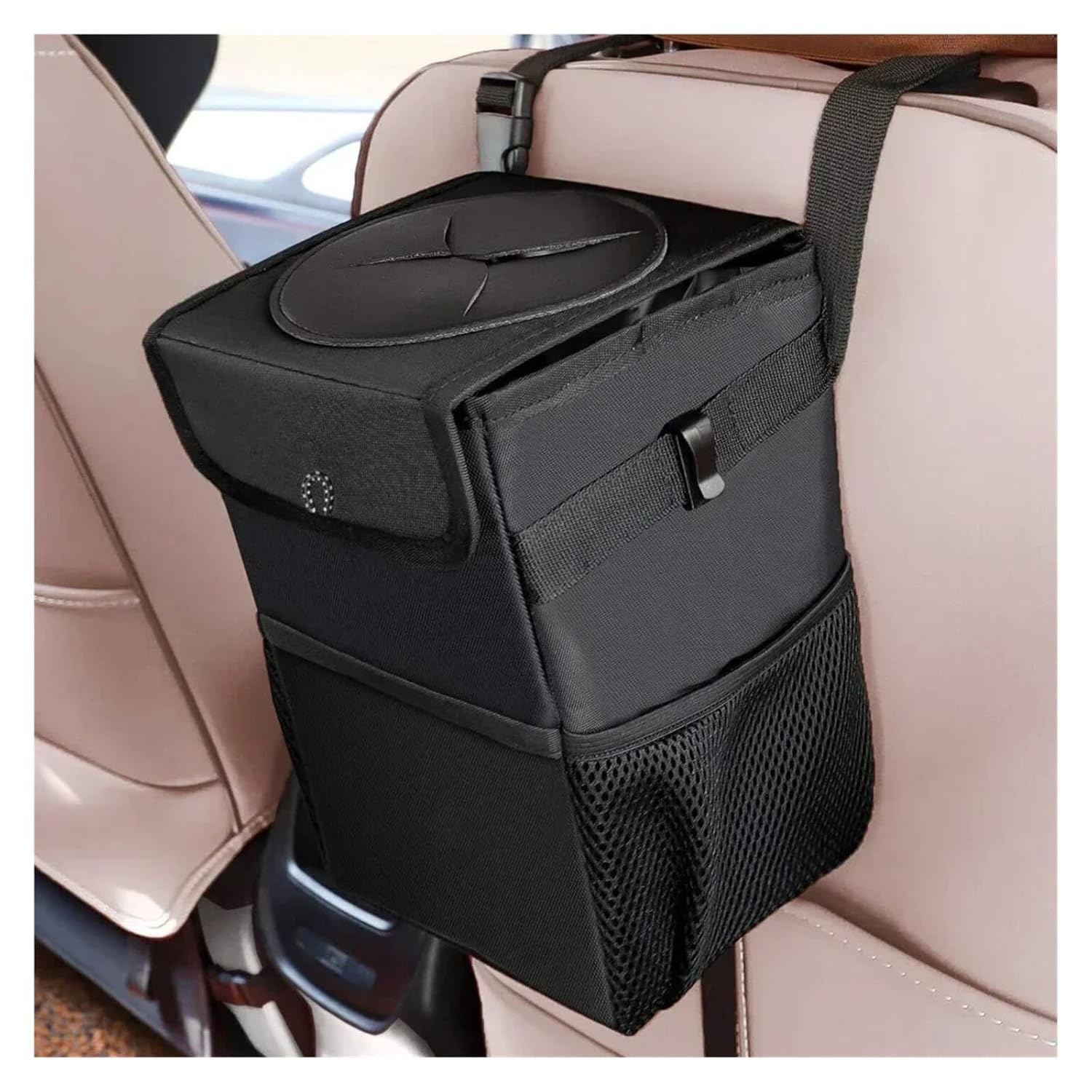Car Trash Can with Lid and Storage Pockets Leak-Proof Car Organizer Garbage Can Multipurpose Trash Bin Car