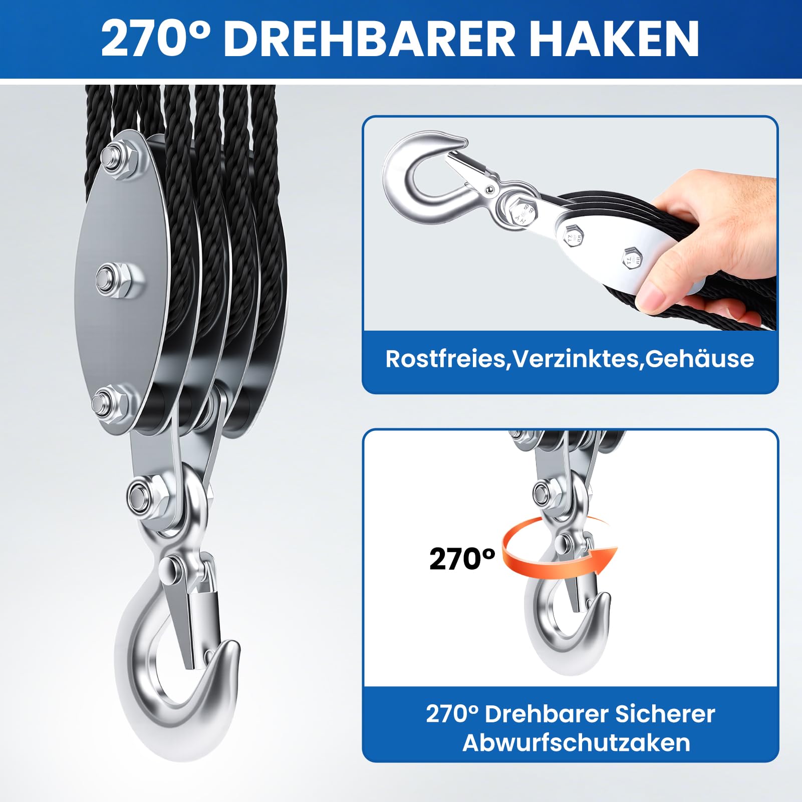 Schwerlast Flaschenzug, Hochleistungs Seilzug mit 8:1 Hubkraftverhältnis, 4400LB Tragkraft, 20m Polypropylen Seilbremse, Manuelle Hubseile Arbeitssparender für Garagen Lagerhallen