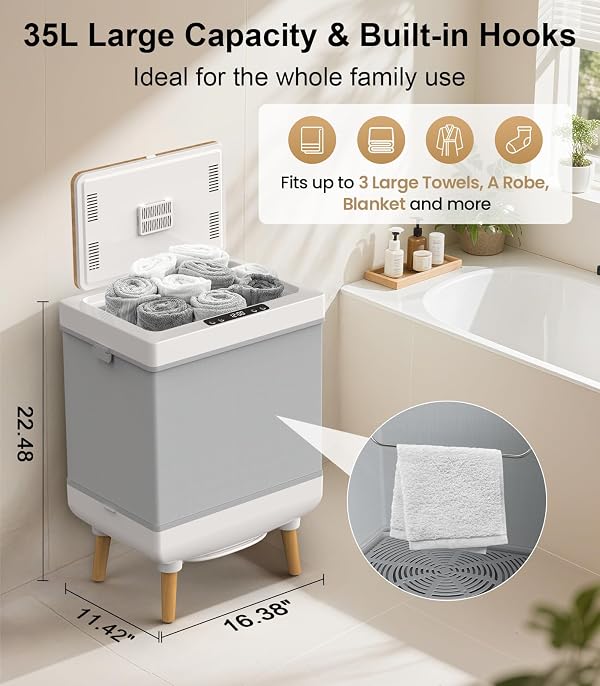 Towel Warmer, 35L Folding Hot Towel Warmer for Bathroom, Heating & Drying Modes, Timer Function, LED Display, Built-in Hooks, Fits Up to Two 70"X80" Oversized Towels, Large Blankets, Bathrobes by Evenchic - Image 3