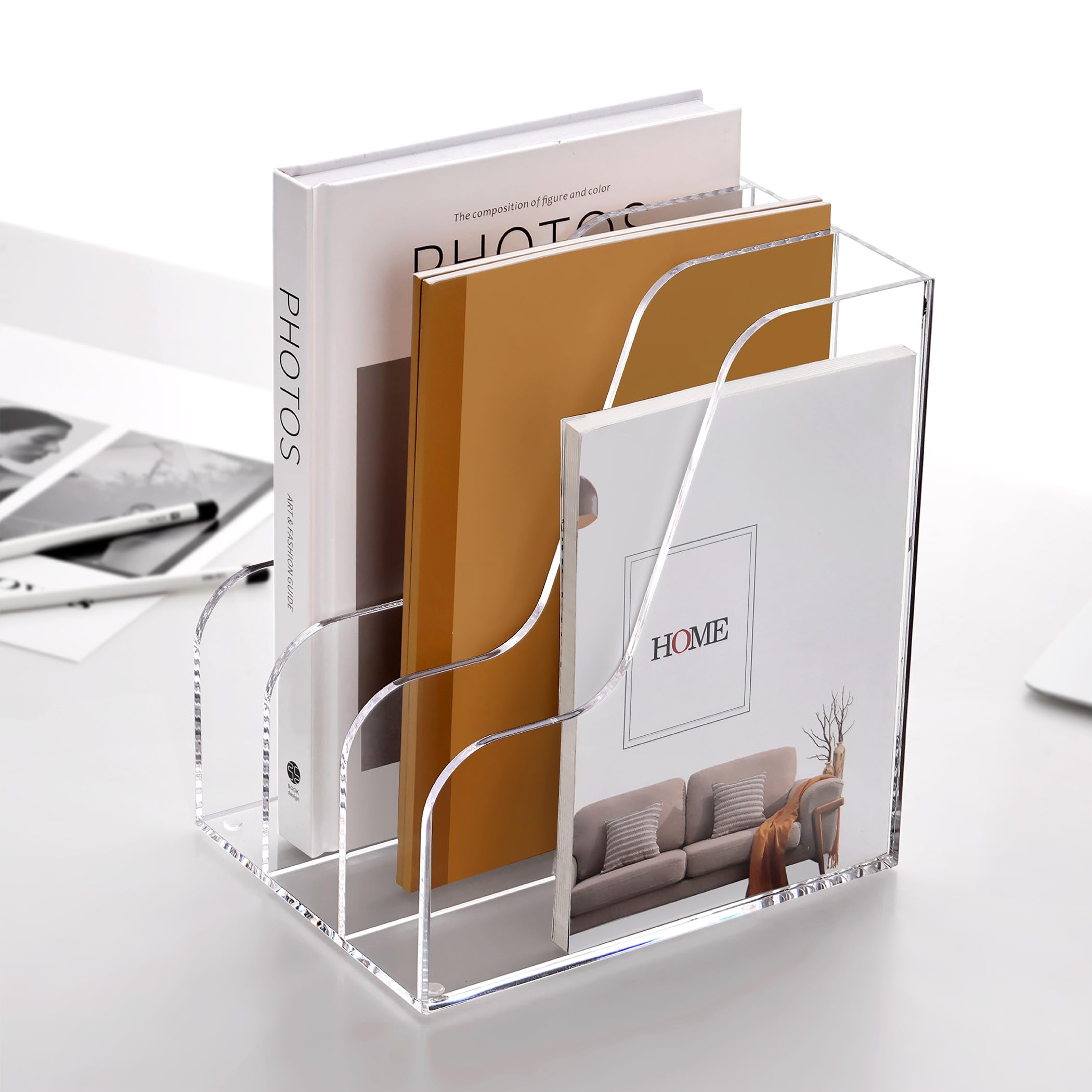 SANRUI Organizer da scrivania in acrilico, porta documenti e cartelle portadocumenti, organizer da scrivania a 3 sezioni, organizer per riviste per forniture per ufficio, trasparente
