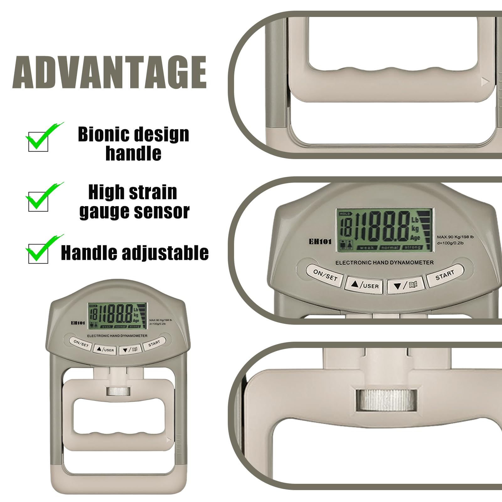 Appareil de musculation numérique à main - 90 kg - Avec câble de charge USB - Entraîneur de force de préhension électronique - Grand écran LED - Gris et blanc