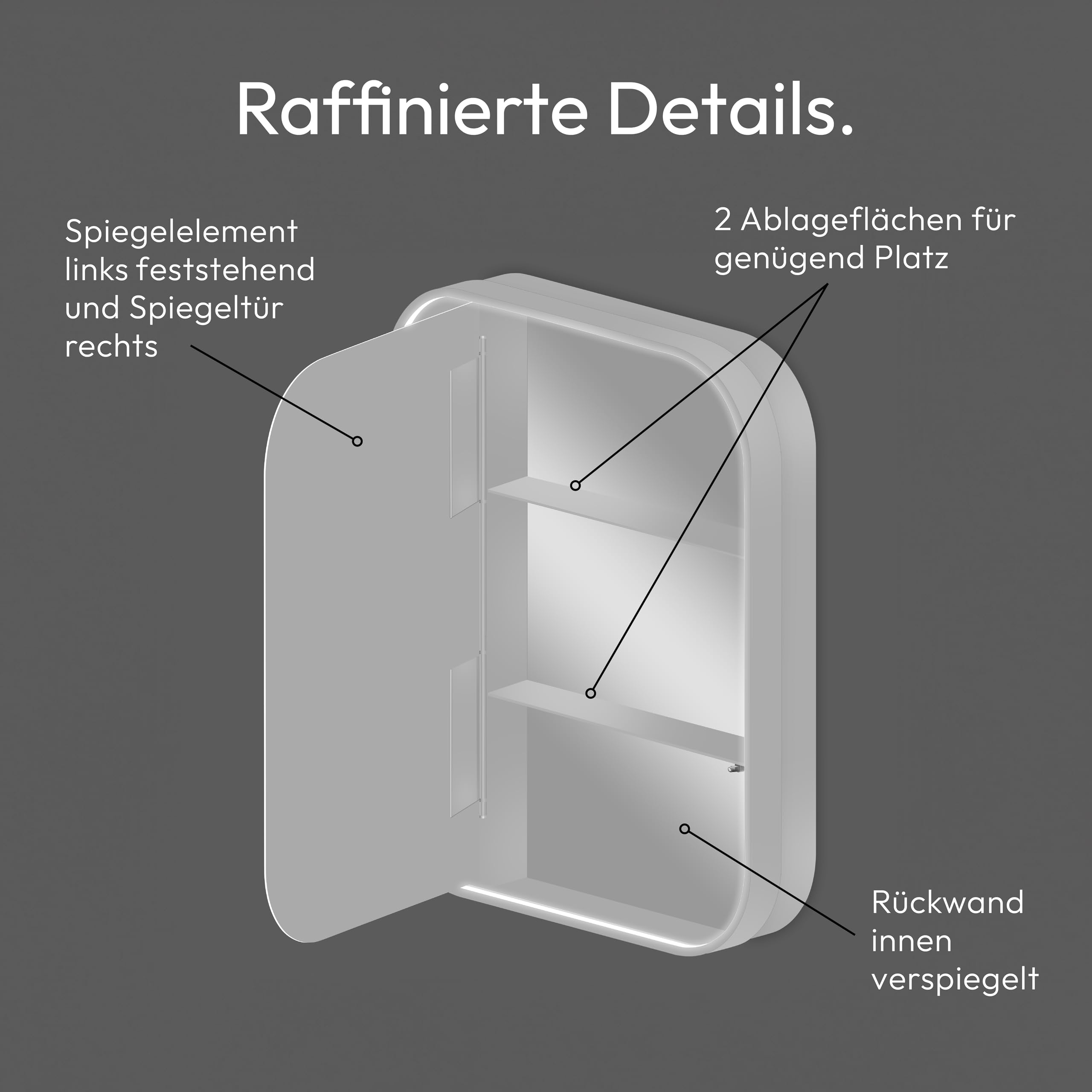 Talos Silver Nova podświetlana szafka toaletowa 60x70 cm srebrna - szafka łazienkowa z lustrem i 2 półkami - aluminium - dno lustra