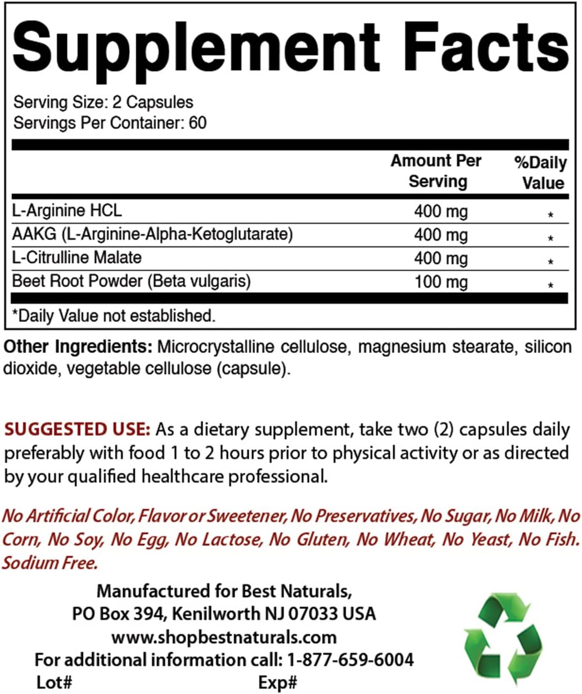 Best Naturals L-Arginine NO Booster Triple Strength 1300 mg Serving 120 Veg Capsules (120 Count (Pack of 3))