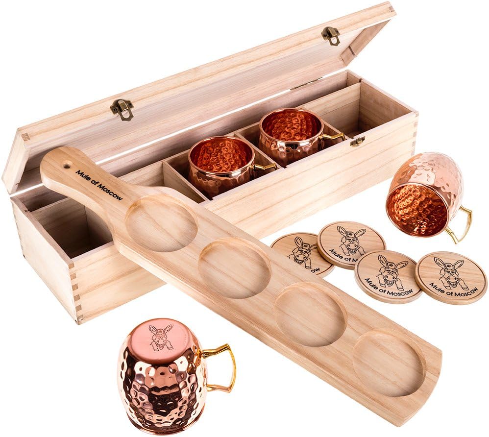 Copper Mug Gift Set Includes 4 Coasters and 4x 18oz Mugs, Wood Tray and Wooden Box Kit. Great Gifts for Men and Women
