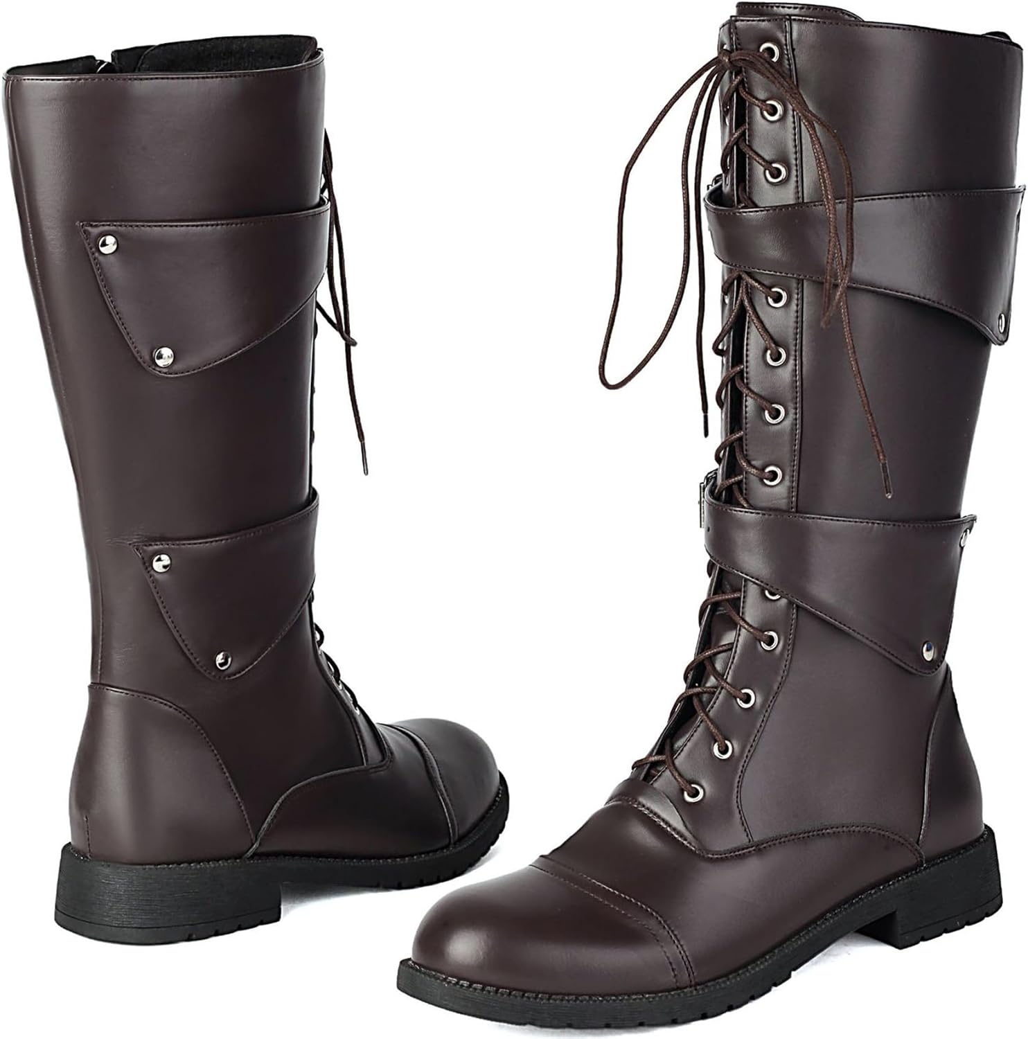Men's Round Toe Knee High Boots, Side Zipper, Flat Long Boots, Riding Motorcycle Boots, Buckle Strap Lacing Design