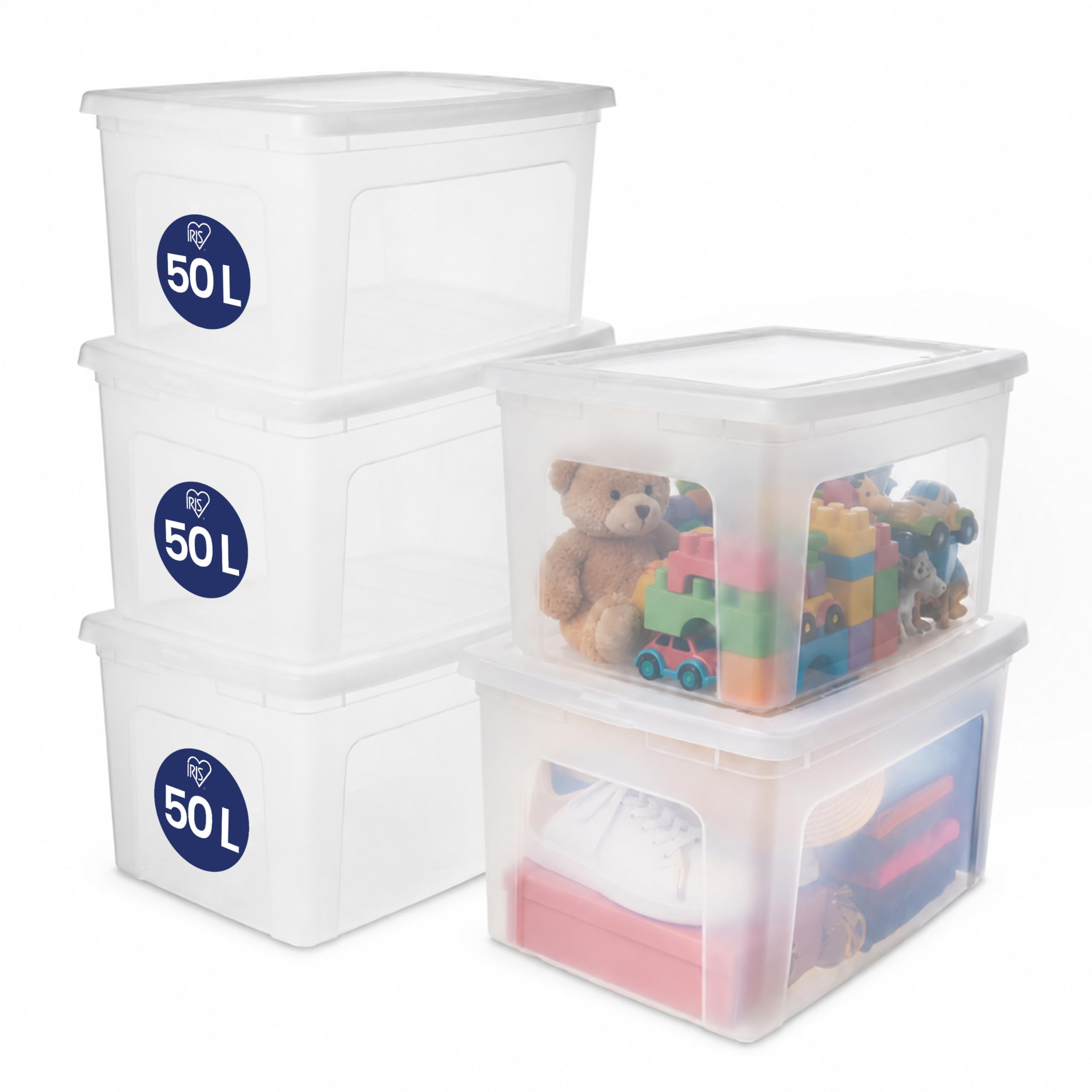 Iris Ohyama, Boite de Rangement Multi-Usages, 50L, Lot de 5, Fermeture Facile, Empilable, en Plastique Transparent, pour Vêtement, Étagères, École, Organisation, Jouet, Papeterie, Chaussures, MCB-50