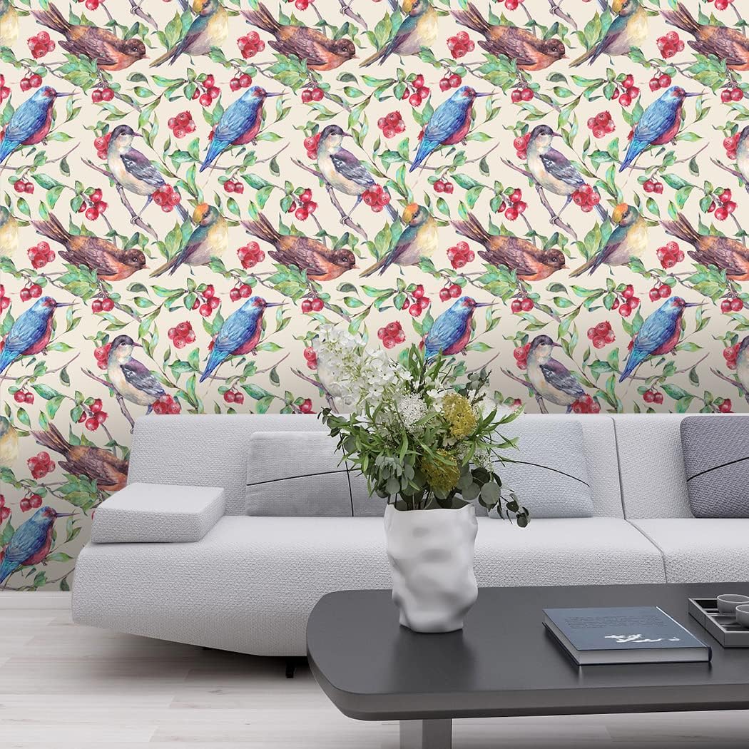 Leaf Wallpaper Peel and Stick Birds Wallpaper Vintage Removable Contact Paper Red Fruit Self Adhesive Wall Paper for Bedroom Bathroom Cabinet Drawers 17.7in x 9.8ft