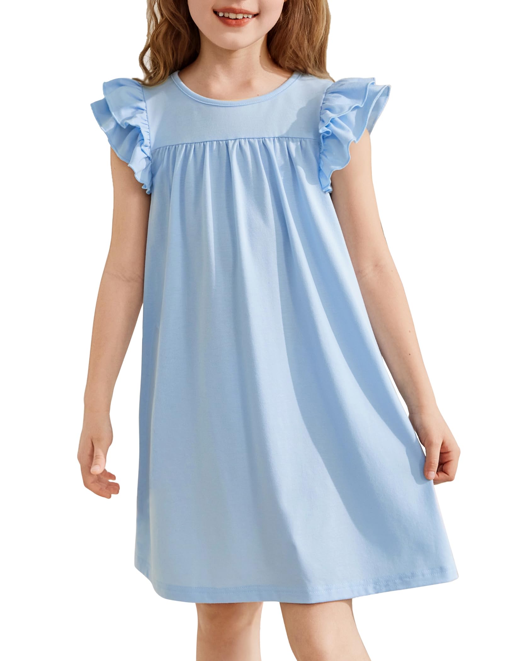 Arshiner Camisón para Niña con Mangas Volantes Vestido de Dormir para Niñas Verano Pijama de Manga Corta Cuello Redondo 5-14 Años - 1