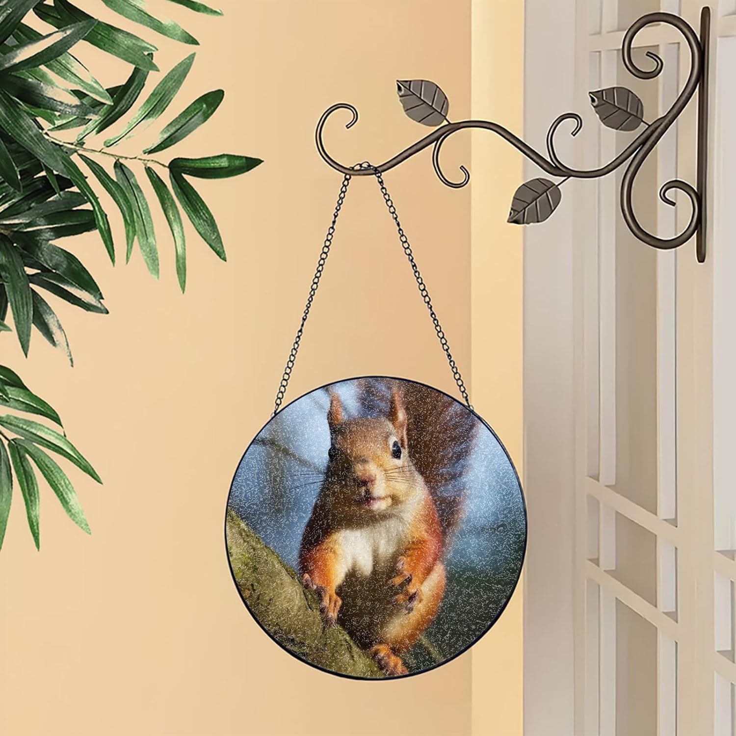 Stained Glass Window Hanging 6in（15cm）, Squirrel Funny Animal Glass Suncatcher for Home Decor, Indoor Wall Art Glass Panel with Metal Chain and Hooks, Sun Catcher Ornament Birthday Gifts