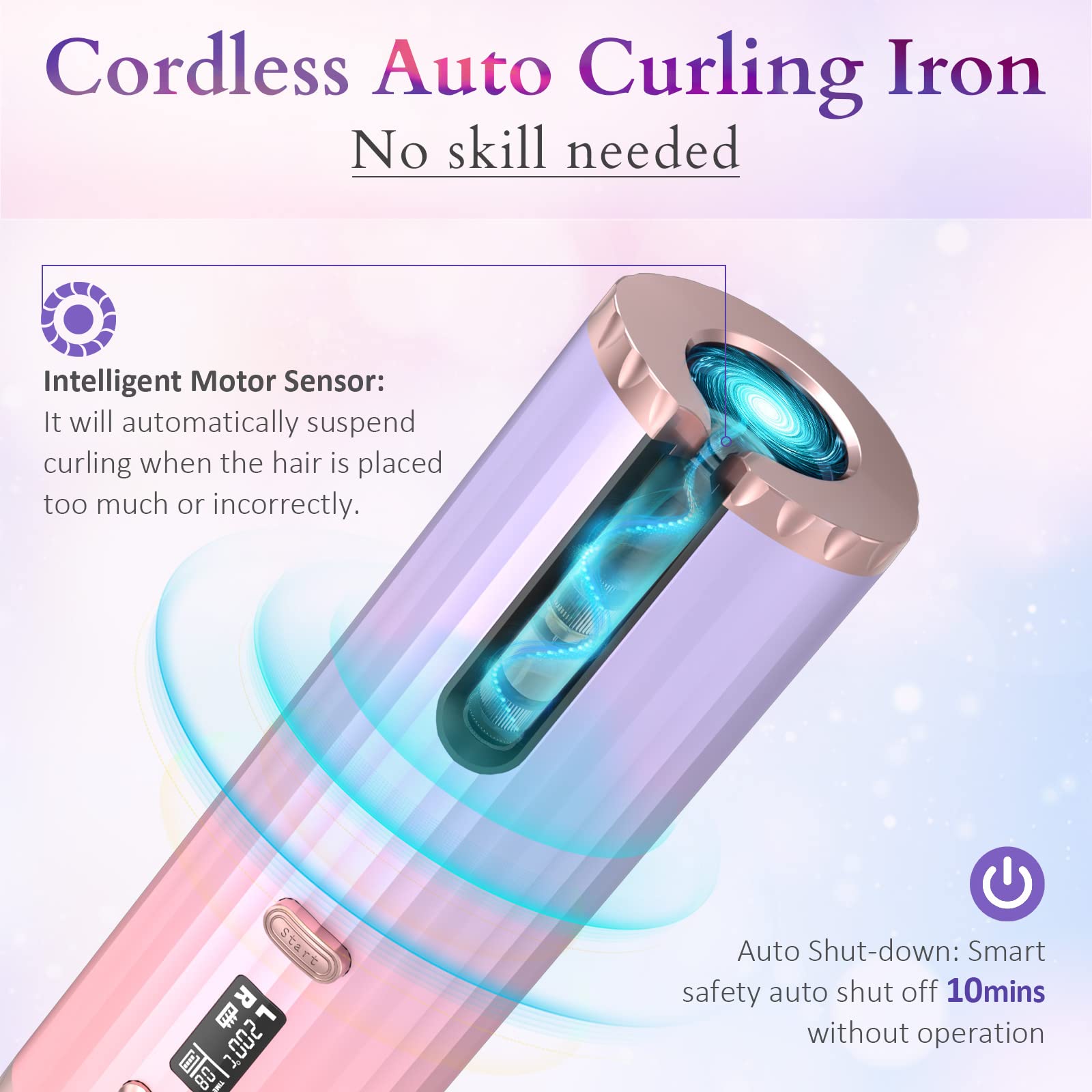 Fer à Friser Automatique, Boucleur a Cheveux Portables, Fer à Boucler Sans Fil Bigoudi Anti-Brûlures, 6 Minuterie/Température, USB Rechargeable, Affichage de LCD (Coloré)