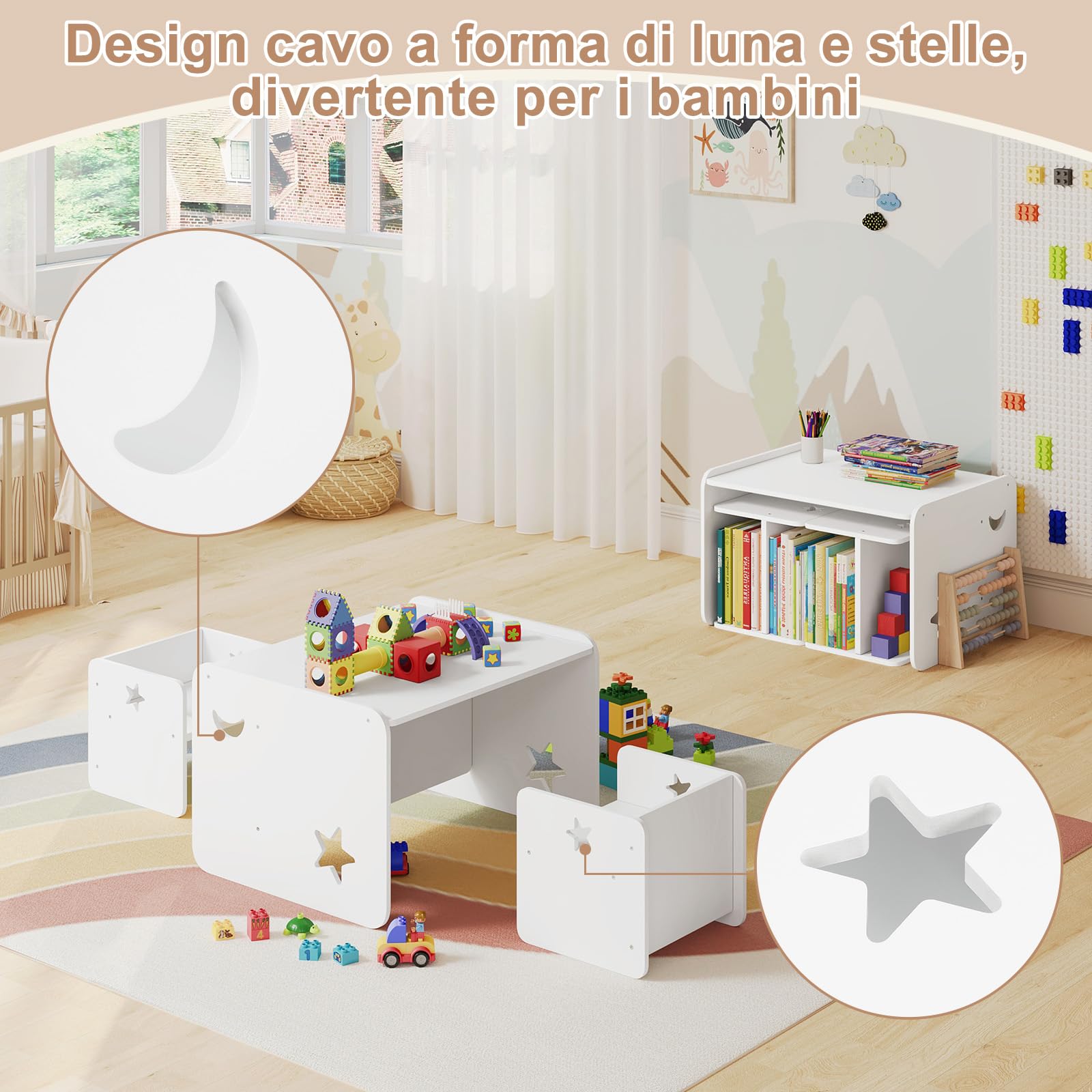 WOLTU Set di Tavolo e Sedie per Bambini, set di Mobili per Bambini a 3 Pezzi per Asilo Nido, Scuola Materna, Sala da Pranzo, Tavolo Bianco per Bambini con 2 Sedie