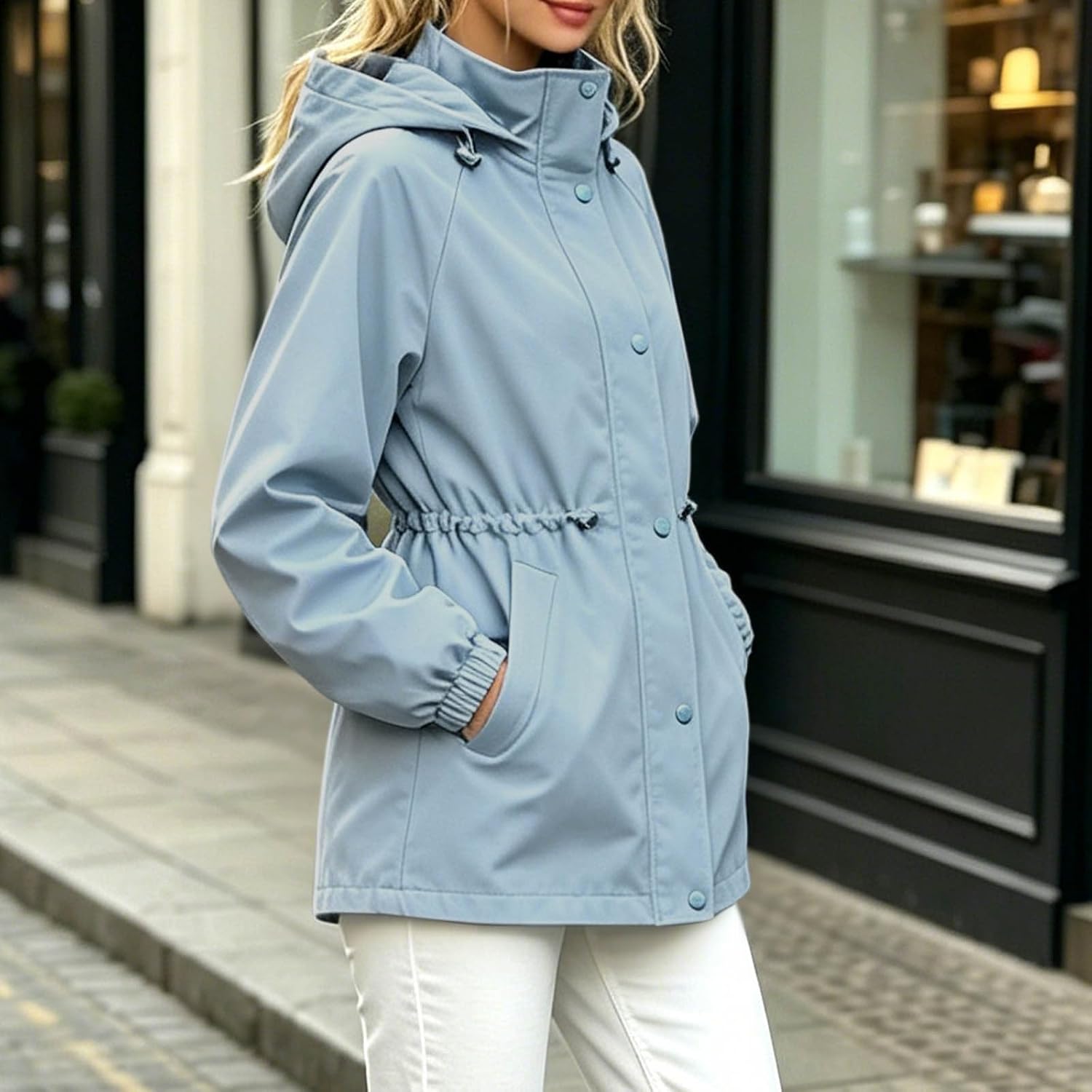 Rain Jacket for Women Lightweight Hooded Button Front Trench Coat | Women's Mid Length Anorak with Cinch Waist, Snap Pocket, Elastic Cuffs for Fall Spring Travel Casual Outdoor