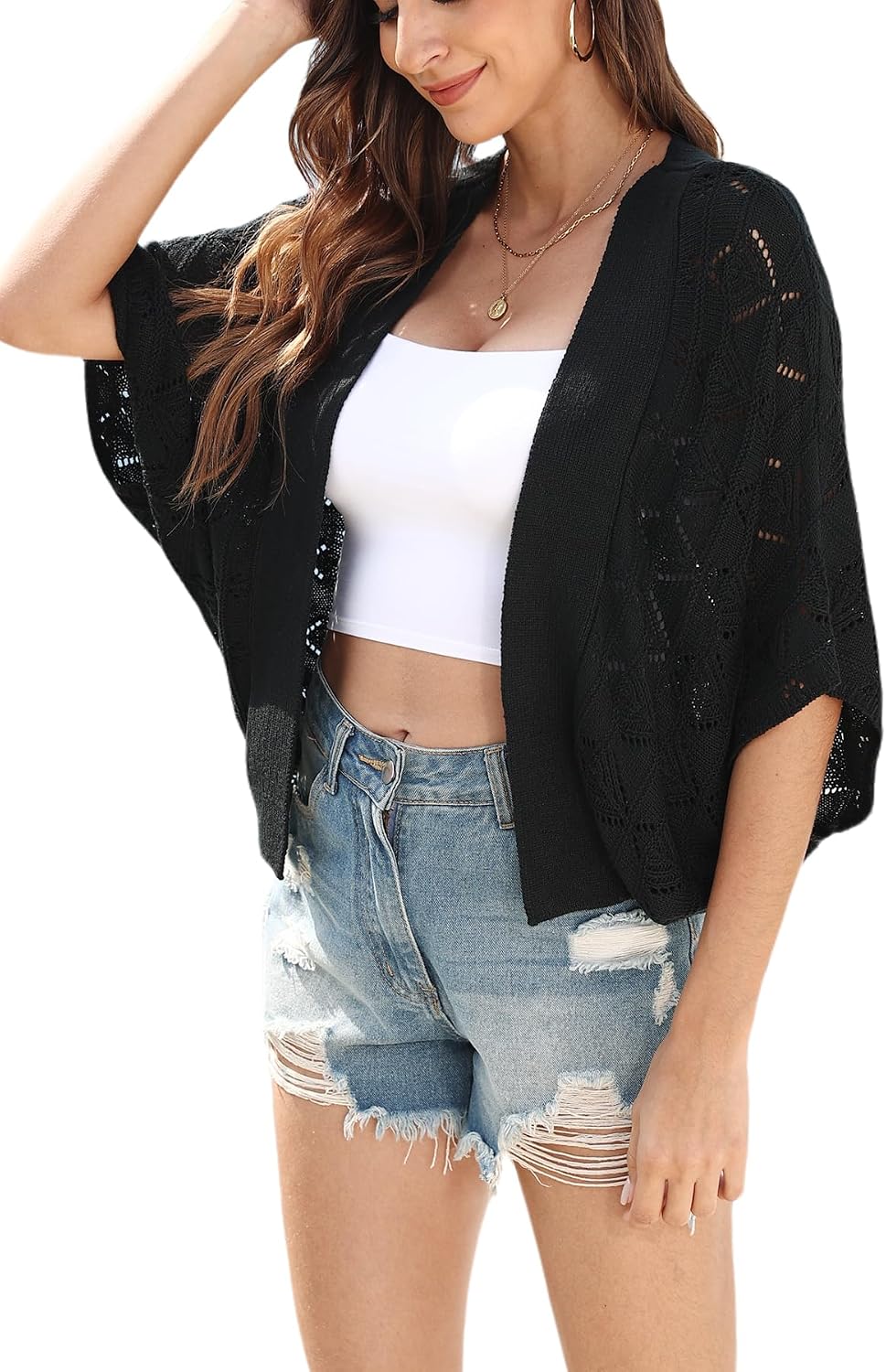 Women 2026 Batwing Hollow Out Open Front Summer Lightweight Sweater Crochet Cardigan